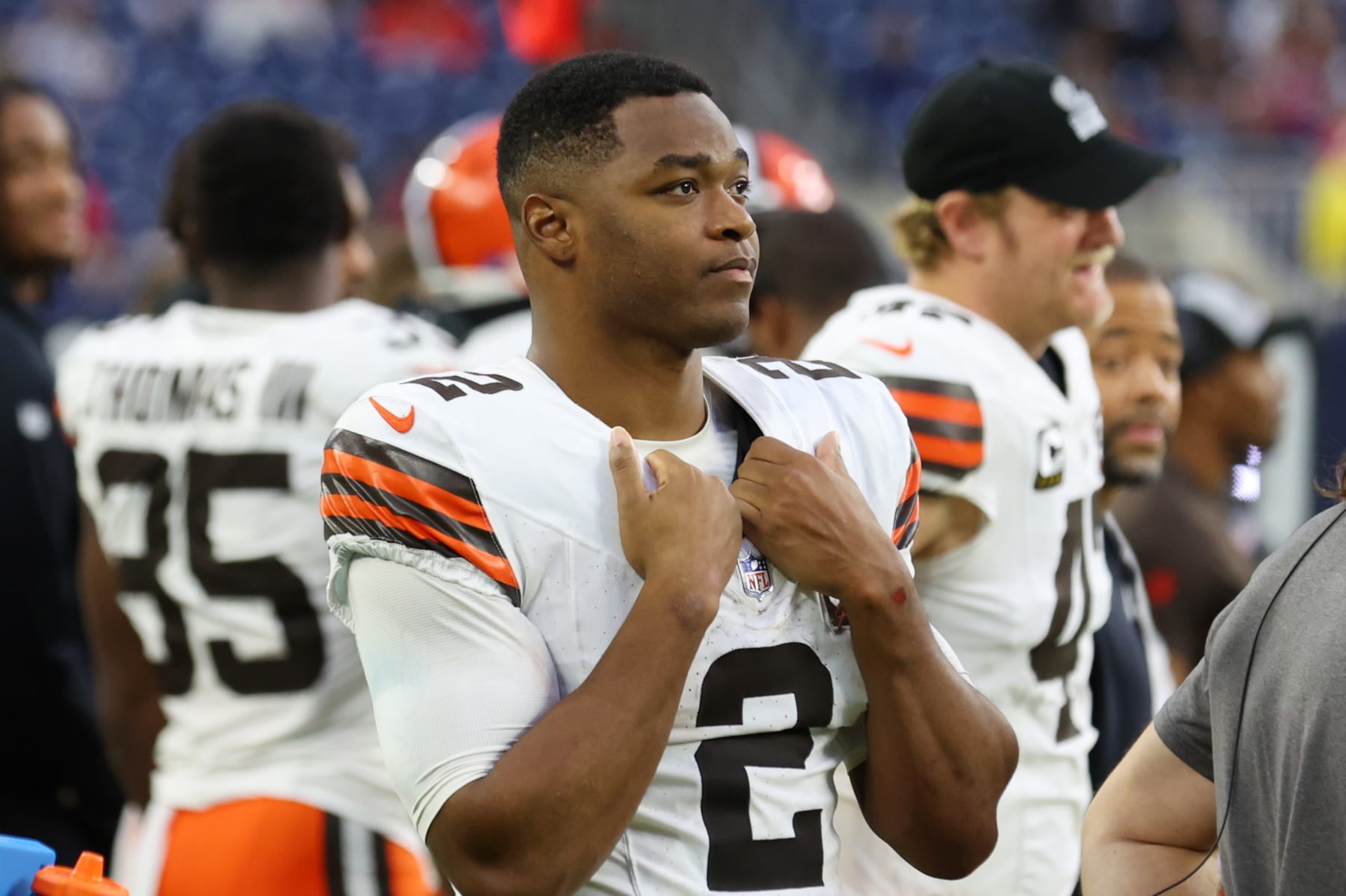 HOUSTON, TEXAS - DECEMBER 24:  Amari Cooper #2 of the Cleveland Browns reacts late in the game against the Houston Texans at NRG Stadium on December 24, 2023 in Houston, Texas. (Photo by Richard Rodriguez/Getty Images)