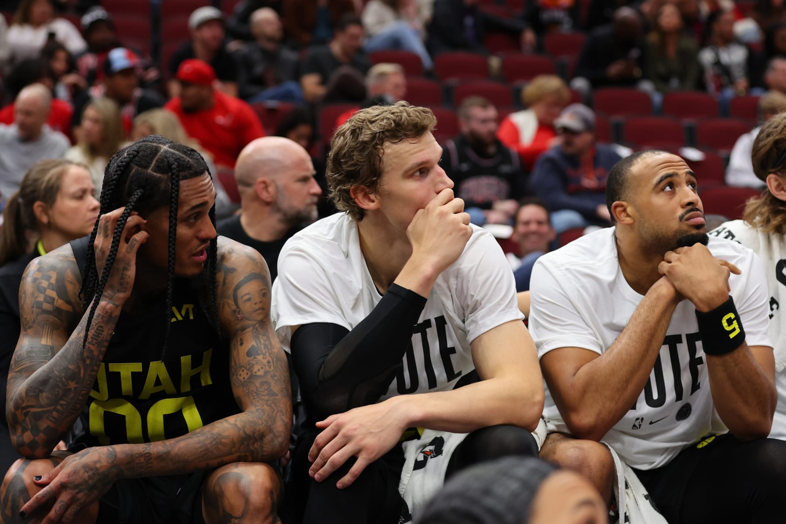 CHICAGO, ILLINOIS - NOVEMBER 06: Jordan Clarkson #00, Lauri Markkanen #23 and Talen Horton-Tucker #5 of the Utah Jazz react against the Chicago Bulls during the second half at the United Center on November 06, 2023 in Chicago, Illinois. NOTE TO USER: User expressly acknowledges and agrees that, by downloading and or using this photograph, User is consenting to the terms and conditions of the Getty Images License Agreement. (Photo by Michael Reaves/Getty Images)