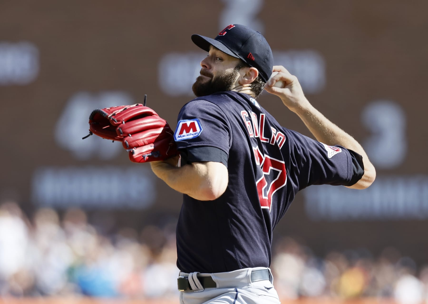 DETROIT, MI -  OCTOBER 1:  Lucas Giolito #27 of the Cleveland Guardians pitches against the Detroit Tigers during the first inning at Comerica Park on October 1, 2023 in Detroit, Michigan. (Photo by Duane Burleson/Getty Images)