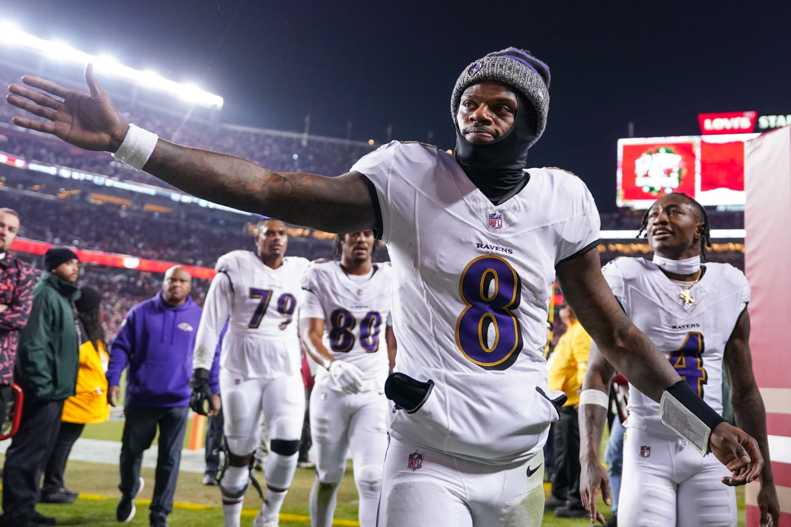 SANTA CLARA, CALIFORNIA - DECEMBER 25: Lamar Jackson #8 of the Baltimore Ravens walks from the field after the first half against the San Francisco 49ers at Levi's Stadium on December 25, 2023 in Santa Clara, California. (Photo by Loren Elliott/Getty Images)