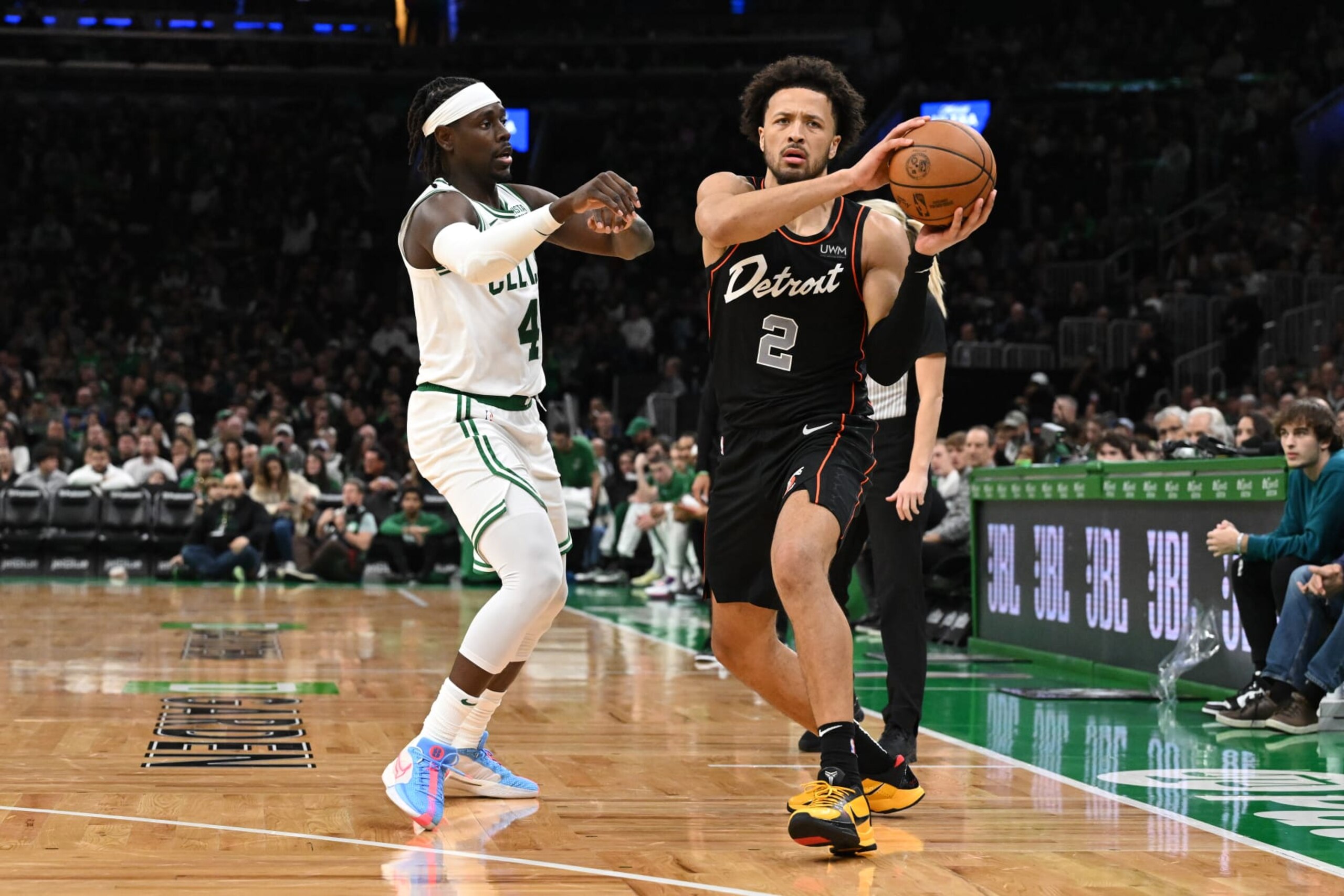 BOSTON, MASSACHUSETTS - DECEMBER 28: Cade Cunningham #2 of the Detroit Pistons passes the ball against Jrue Holiday #4 of the Boston Celtics during the third quarter at TD Garden on December 28, 2023 in Boston, Massachusetts. NOTE TO USER: User expressly acknowledges and agrees that, by downloading and or using this photograph, User is consenting to the terms and conditions of the Getty Images License Agreement. (Photo by Brian Fluharty/Getty Images) BOSTON, MASSACHUSETTS - DECEMBER 28: Cade Cunningham #2 of the Detroit Pistons passes the ball against Jrue Holiday #4 of the Boston Celtics during the third quarter at TD Garden on December 28, 2023 in Boston, Massachusetts. NOTE TO USER: User expressly acknowledges and agrees that, by downloading and or using this photograph, User is consenting to the terms and conditions of the Getty Images License Agreement. (Photo by Brian Fluharty/Getty Images)