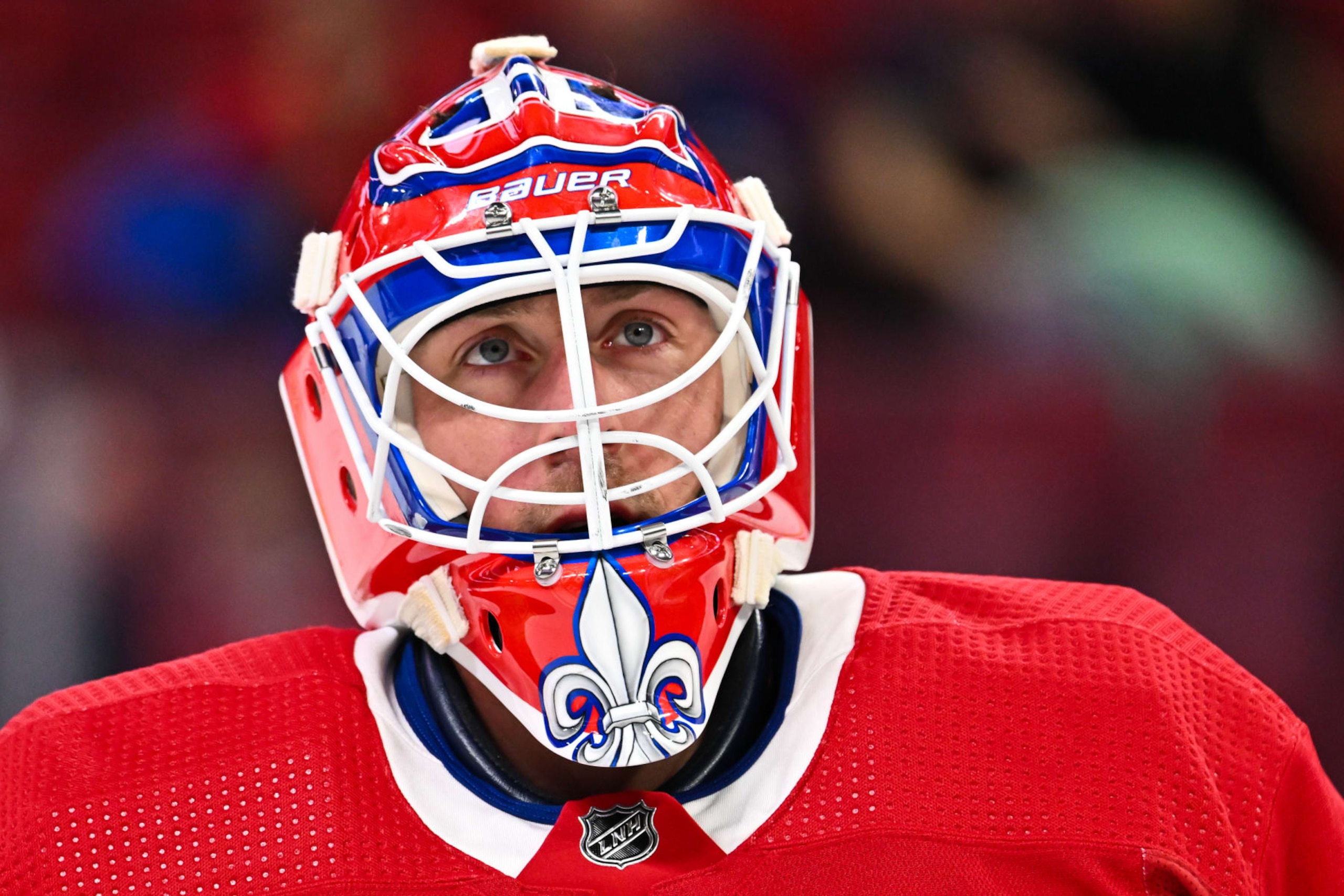 MONTREAL, CANADA - DECEMBER 16: Jake Allen #34 of the Montreal Canadiens skates during warmups prior to the game against the New York Islanders at the Bell Centre on December 16, 2023 in Montreal, Quebec, Canada.  The Montreal Canadiens defeated the New York Islanders 5-3.  (Photo by Minas Panagiotakis/Getty Images)
