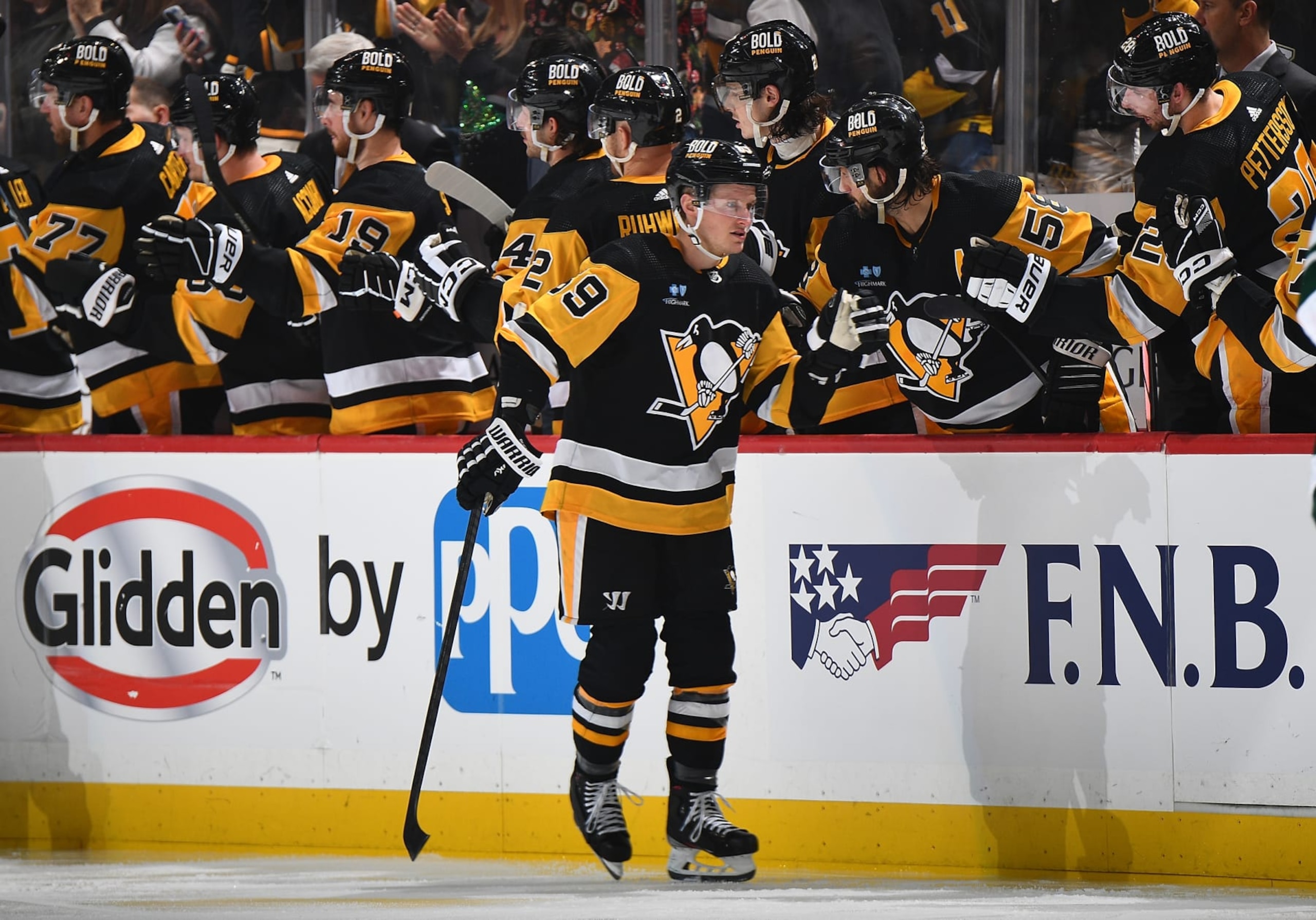 PITTSBURGH, PA - DECEMBER 18:  Jake Guentzel #59 of the Pittsburgh Penguins celebrates his second period goal against the Minnesota Wild at PPG PAINTS Arena on December 18, 2023 in Pittsburgh, Pennsylvania. (Photo by Joe Sargent/NHLI via Getty Images)