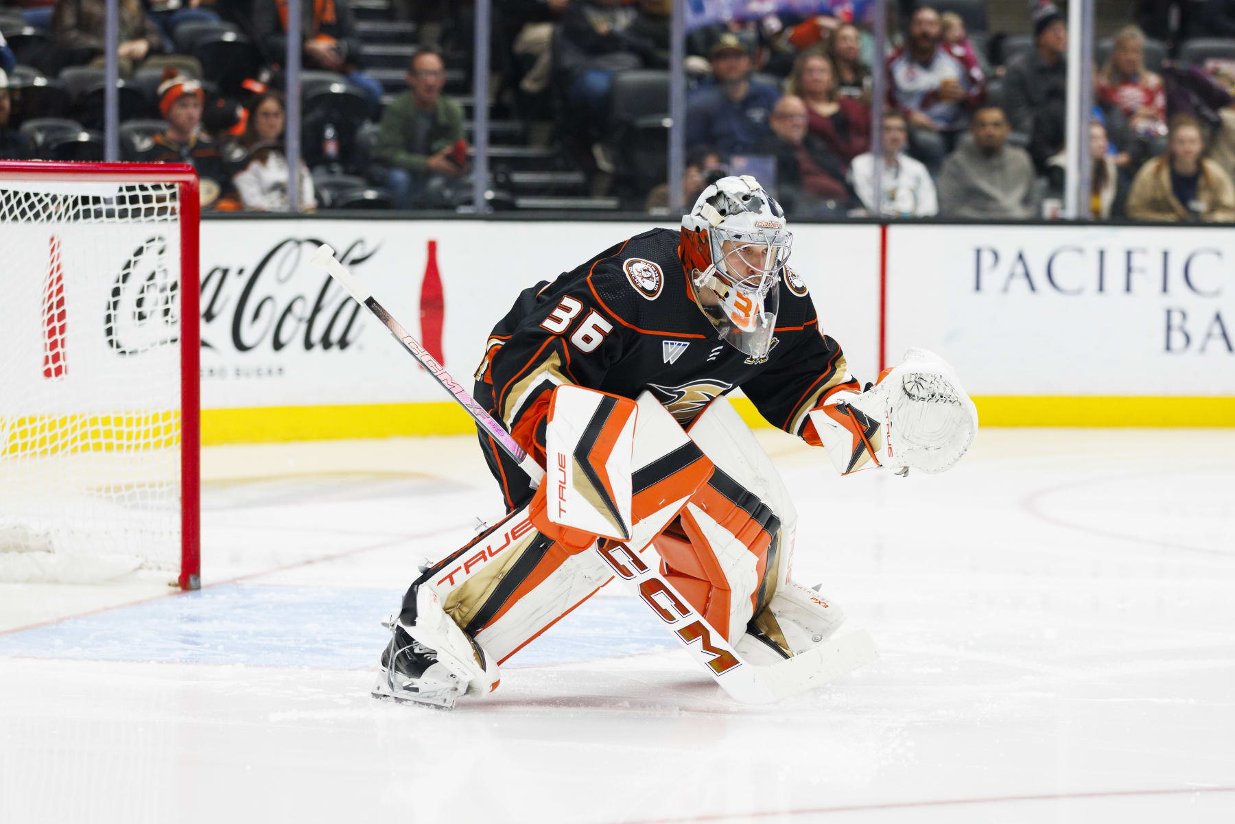 ANAHEIM, CA - DECEMBER 02: Anaheim Ducks goaltender John Gibson (36) in net during the NHL hockey game against the Colorado Avalanche on December 02, 2023 at Honda Center in Anaheim, CA. (Photo by Ric Tapia/Icon Sportswire via Getty Images)