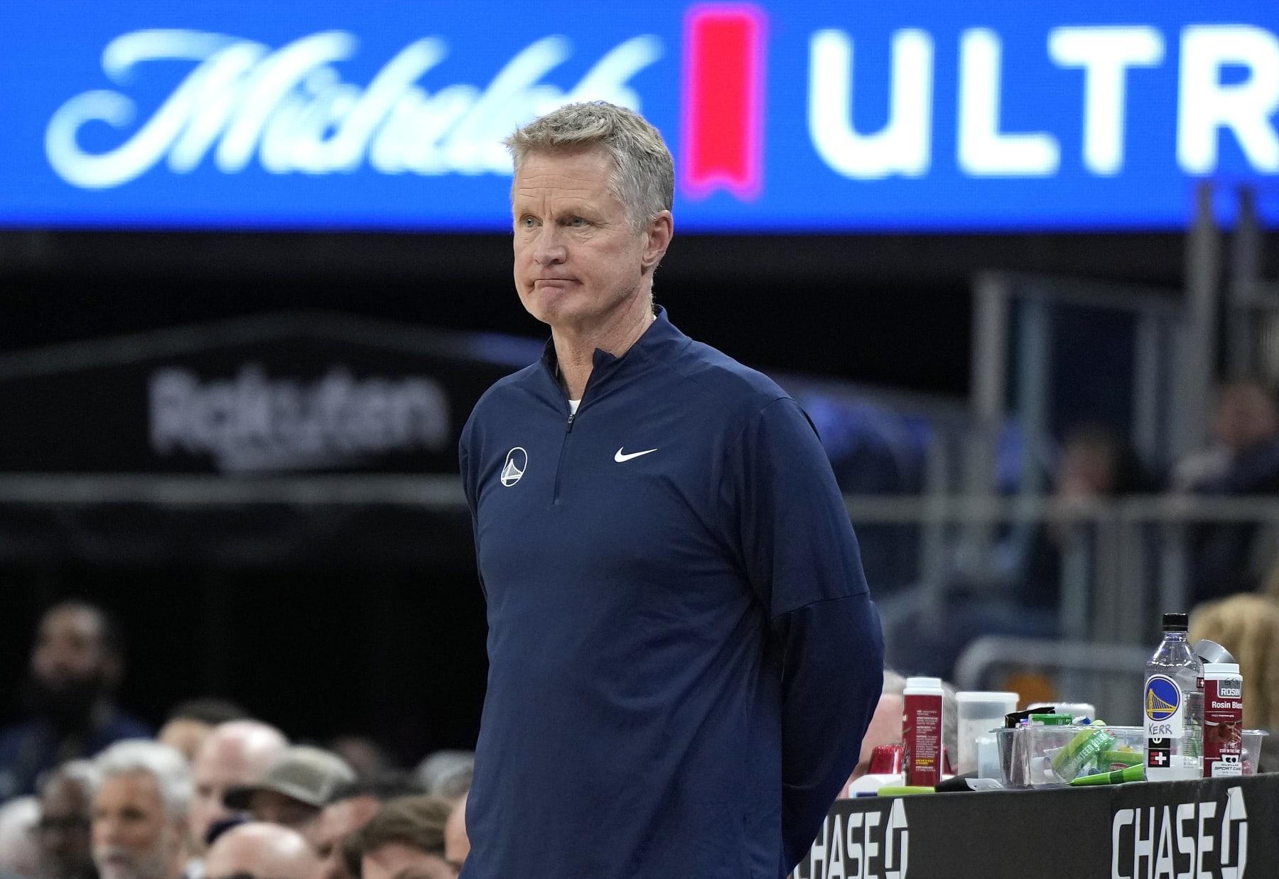 SAN FRANCISCO, CALIFORNIA - DECEMBER 16: Head coach Steve Kerr of the Golden State Warriors looks on against the Brooklyn Nets during the fourth quarter of an NBA basketball game at Chase Center on December 16, 2023 in San Francisco, California. NOTE TO USER: User expressly acknowledges and agrees that, by downloading and or using this photograph, User is consenting to the terms and conditions of the Getty Images License Agreement. (Photo by Thearon W. Henderson/Getty Images)
