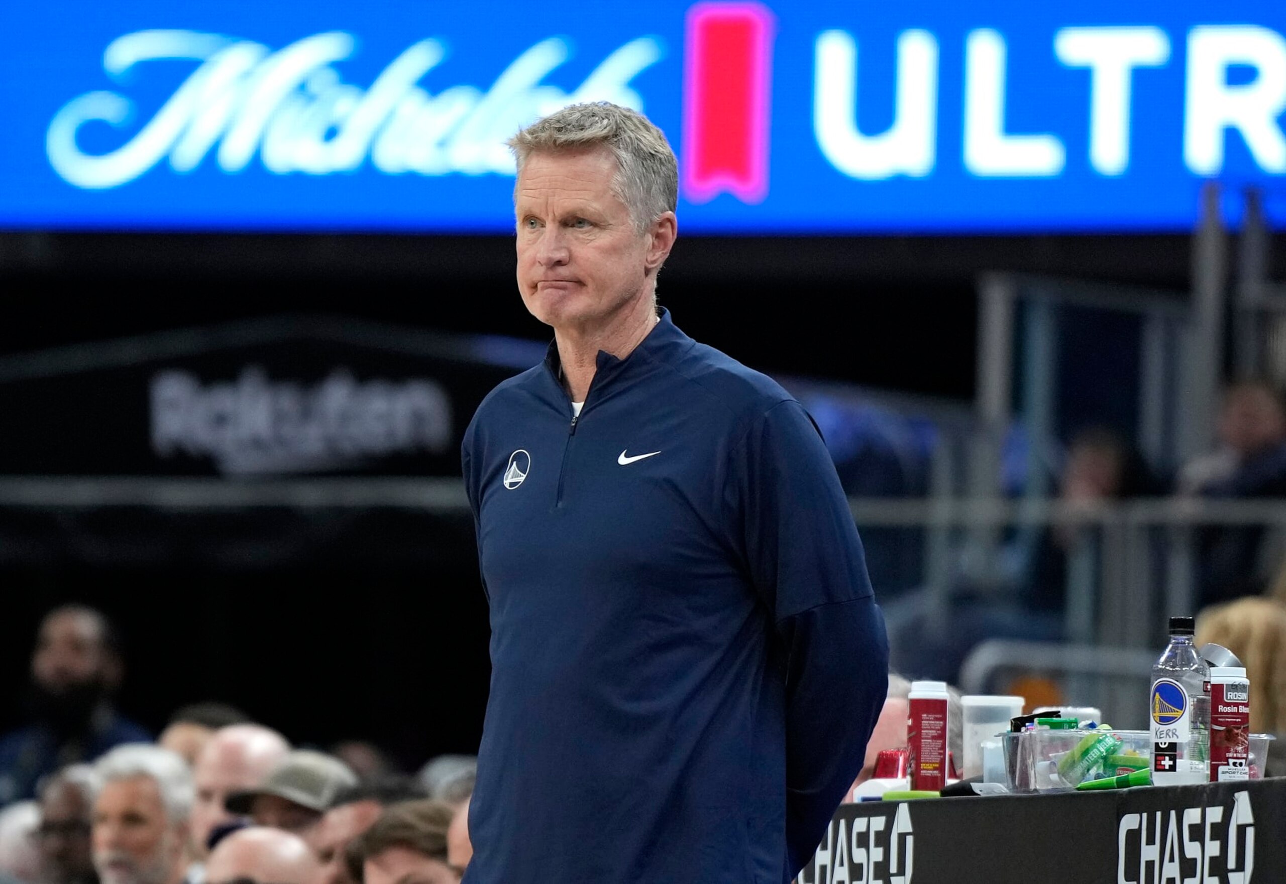 SAN FRANCISCO, CALIFORNIA - DECEMBER 16: Head coach Steve Kerr of the Golden State Warriors looks on against the Brooklyn Nets during the fourth quarter of an NBA basketball game at Chase Center on December 16, 2023 in San Francisco, California. NOTE TO USER: User expressly acknowledges and agrees that, by downloading and or using this photograph, User is consenting to the terms and conditions of the Getty Images License Agreement. (Photo by Thearon W. Henderson/Getty Images)