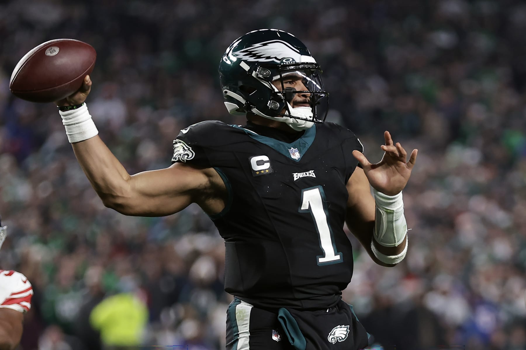 PHILADELPHIA, PENNSYLVANIA - DECEMBER 25: Jalen Hurts #1 of the Philadelphia Eagles throws against the New York Giants at Lincoln Financial Field on December 25, 2023 in Philadelphia, Pennsylvania. (Photo by Adam Hunger/Getty Images)