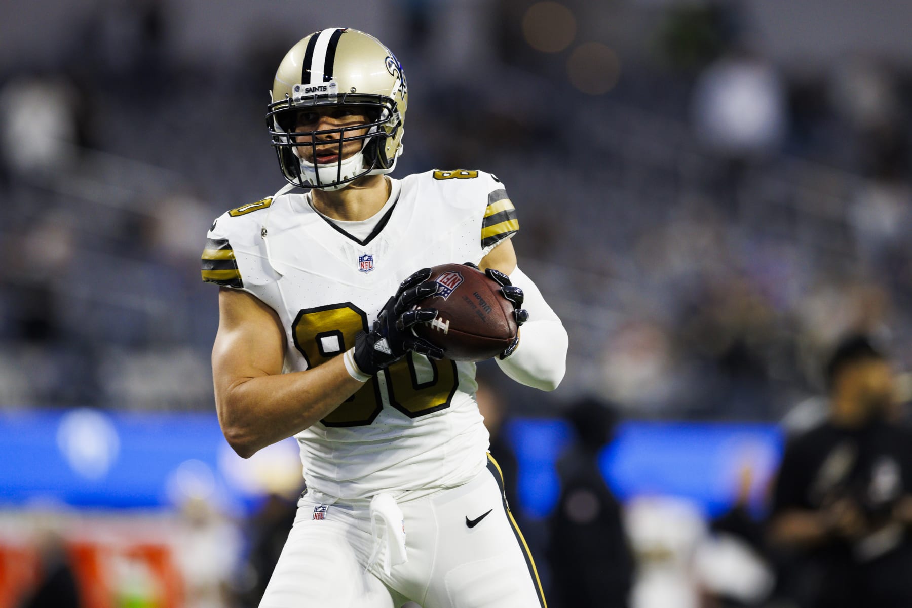 INGLEWOOD, CALIFORNIA - DECEMBER 21: Jimmy Graham #80 of the New Orleans Saints catches the ball during a game against the Los Angeles Rams at SoFi Stadium on December 21, 2023 in Inglewood, California. (Photo by Ric Tapia/Getty Images)