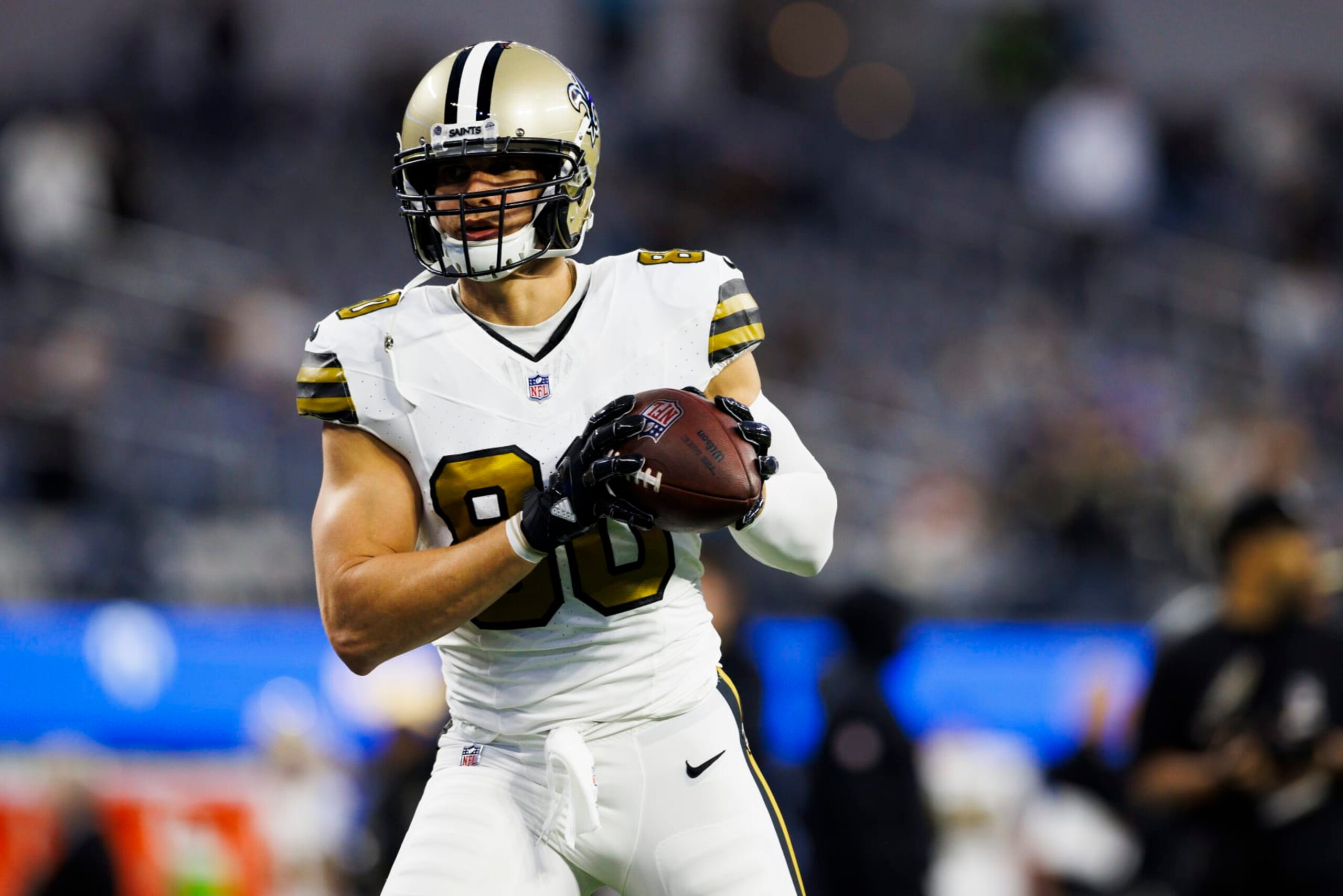 INGLEWOOD, CALIFORNIA - DECEMBER 21: Jimmy Graham #80 of the New Orleans Saints catches the ball during a game against the Los Angeles Rams at SoFi Stadium on December 21, 2023 in Inglewood, California. (Photo by Ric Tapia/Getty Images)