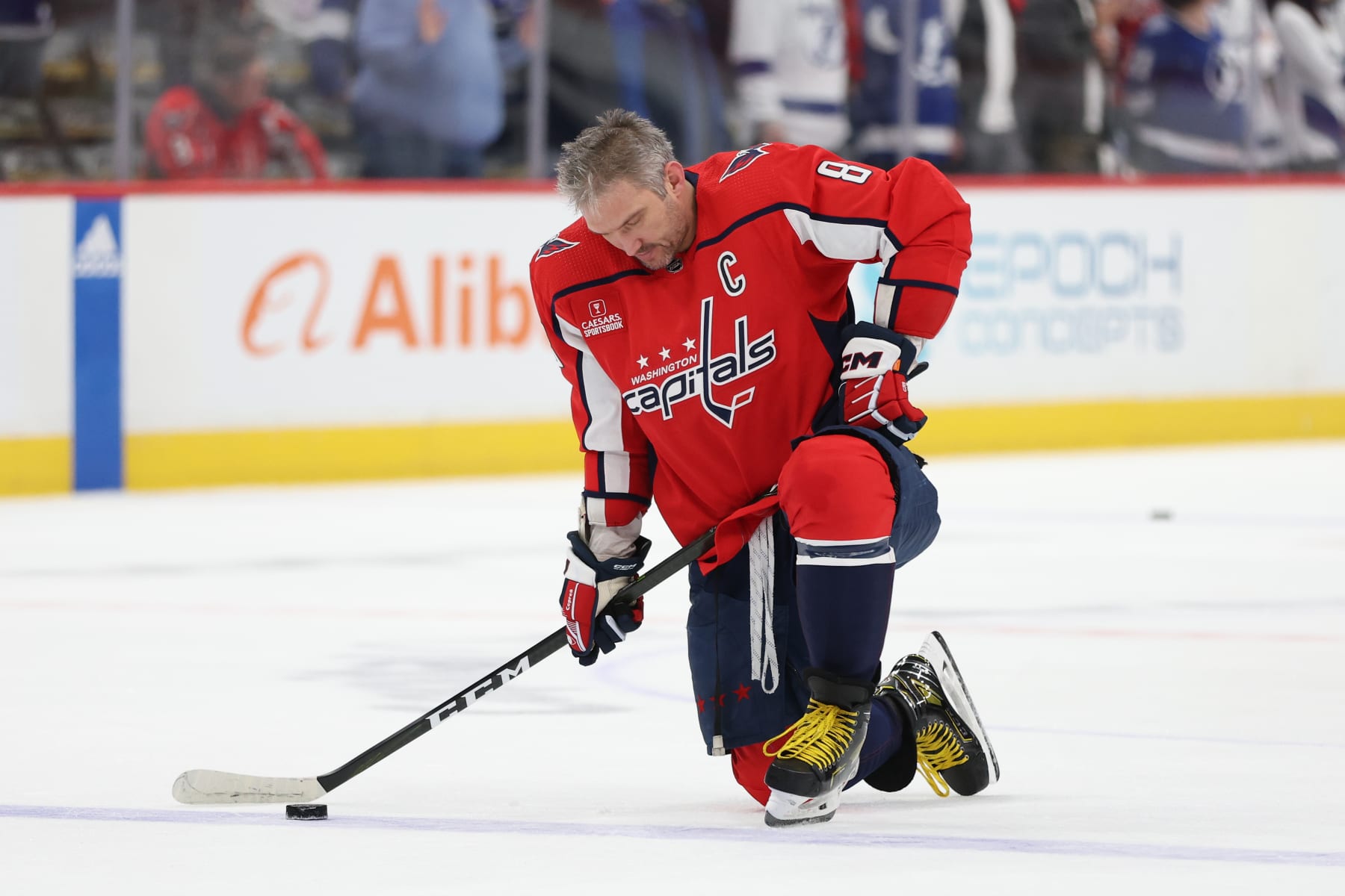 WASHINGTON, DC - DECEMBER 23: Alex Ovechkin #8 of the Washington Capitals looks on before playing against the Tampa Bay Lightning at Capital One Arena on December 23, 2023 in Washington, DC. (Photo by Patrick Smith/Getty Images)