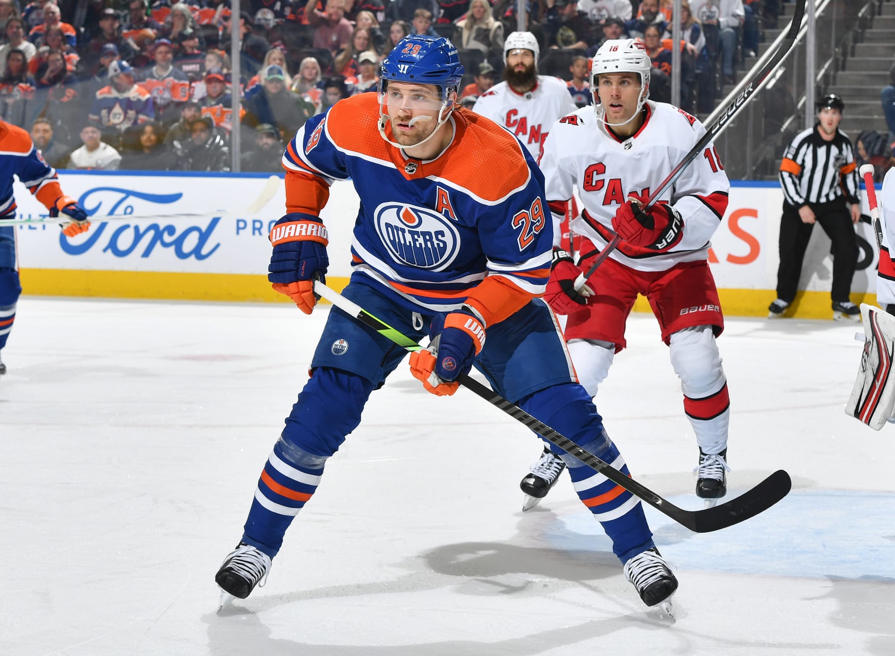 EDMONTON, CANADA - DECEMBER 06: Leon Draisaitl #29 of the Edmonton Oilers skates during the game against the Carolina Hurricanes at Rogers Place on December 6, 2023, in Edmonton, Alberta, Canada. (Photo by Andy Devlin/NHLI via Getty Images)