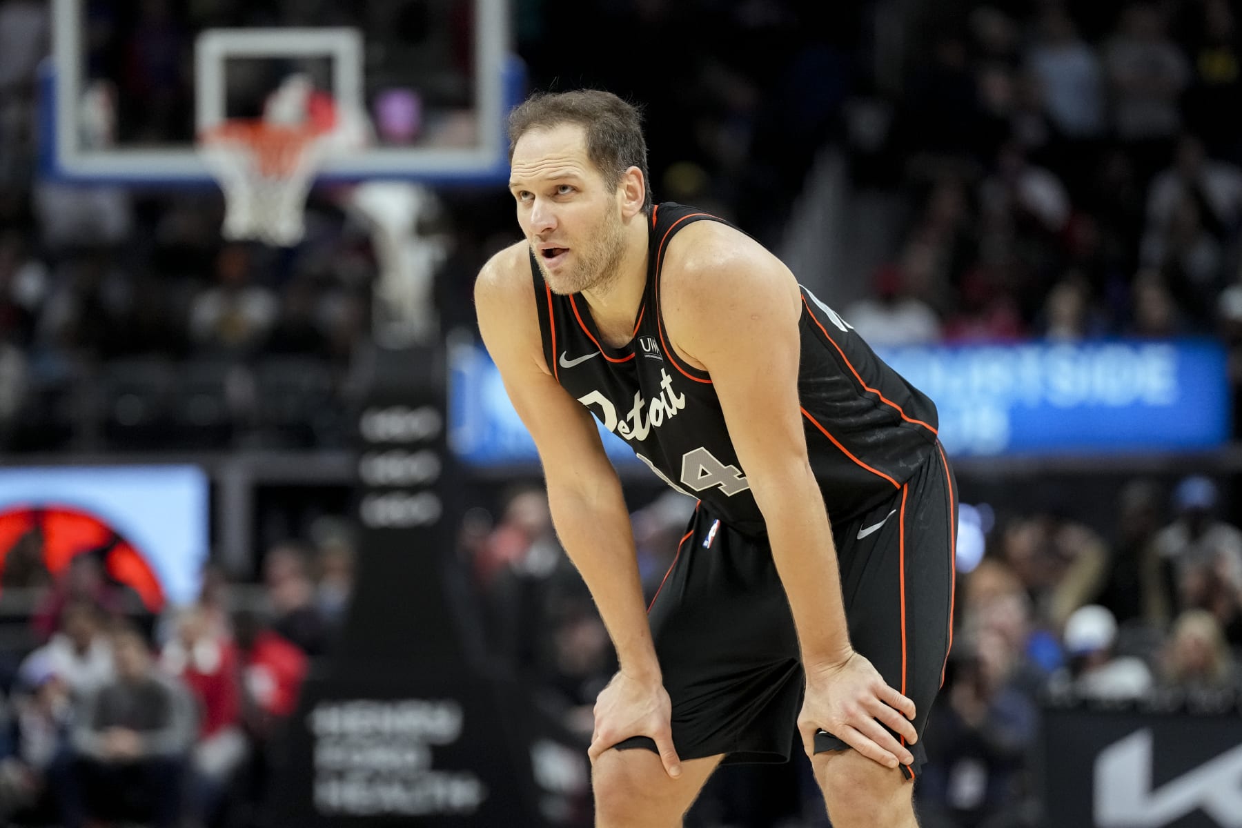 DETROIT, MICHIGAN - DECEMBER 26: Bojan Bogdanovic #44 of the Detroit Pistons looks on against the Brooklyn Nets at Little Caesars Arena on December 26, 2023 in Detroit, Michigan. NOTE TO USER: User expressly acknowledges and agrees that, by downloading and or using this photograph, User is consenting to the terms and conditions of the Getty Images License Agreement. (Photo by Nic Antaya/Getty Images)