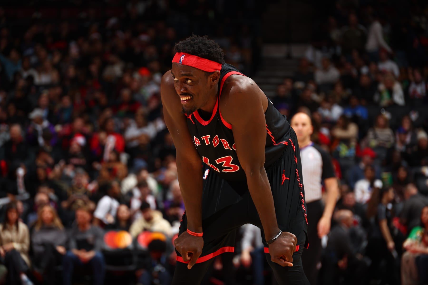 TORONTO, CANADA - DECEMBER 23:  Pascal Siakam #43 of the Toronto Raptors smiles during the game against the Utah Jazz on December 23, 2023 at the Scotiabank Arena in Toronto, Ontario, Canada.  NOTE TO USER: User expressly acknowledges and agrees that, by downloading and or using this Photograph, user is consenting to the terms and conditions of the Getty Images License Agreement.  Mandatory Copyright Notice: Copyright 2023 NBAE (Photo by Vaughn Ridley/NBAE via Getty Images)