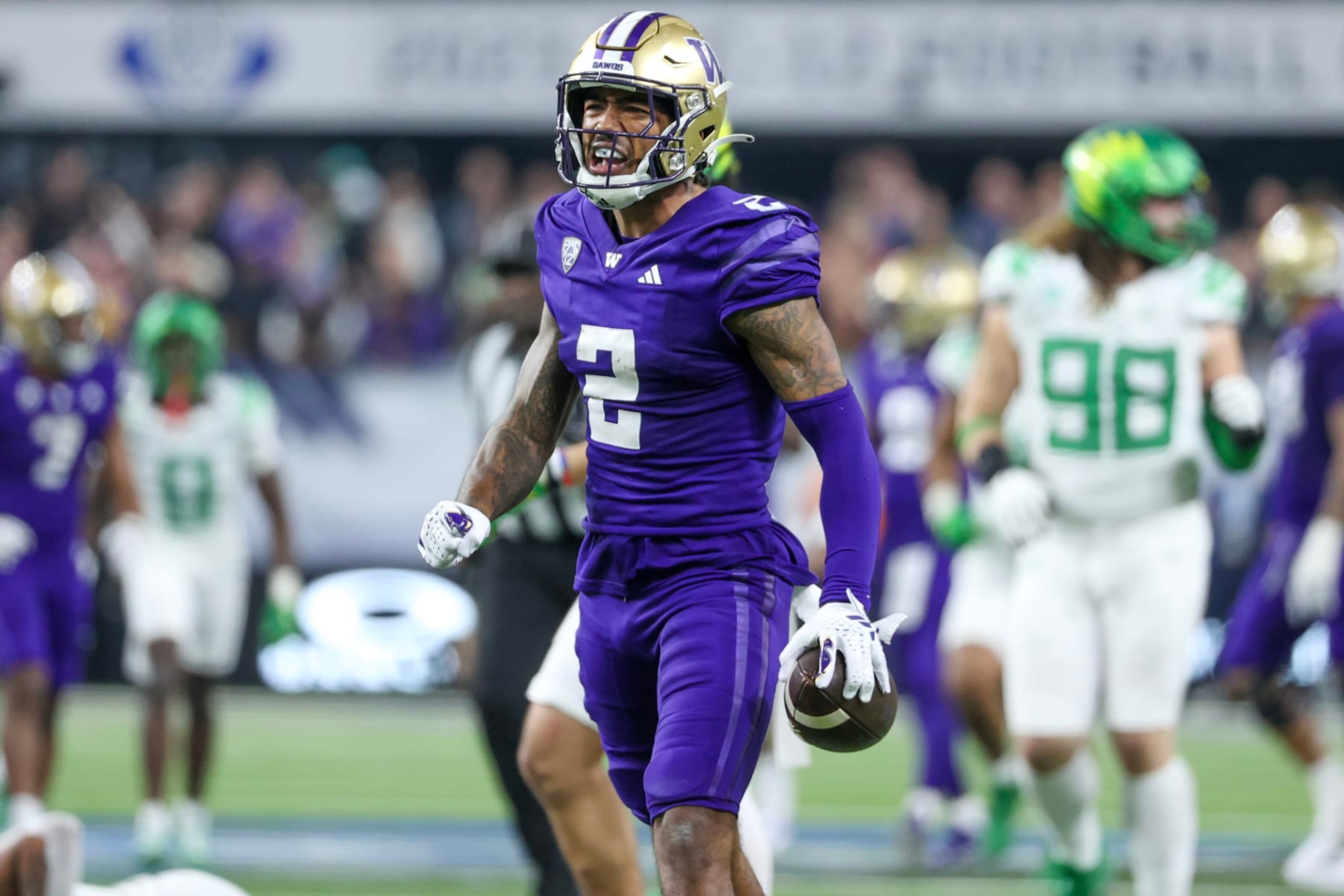 LAS VEGAS, NEVADA - DECEMBER 01: Ja'Lynn Polk #2 of the Washington Huskies reacts after making a catch during the fourth quarter against the Oregon Ducks during the Pac-12 Championship at Allegiant Stadium on December 01, 2023 in Las Vegas, Nevada. (Photo by Ian Maule/Getty Images)