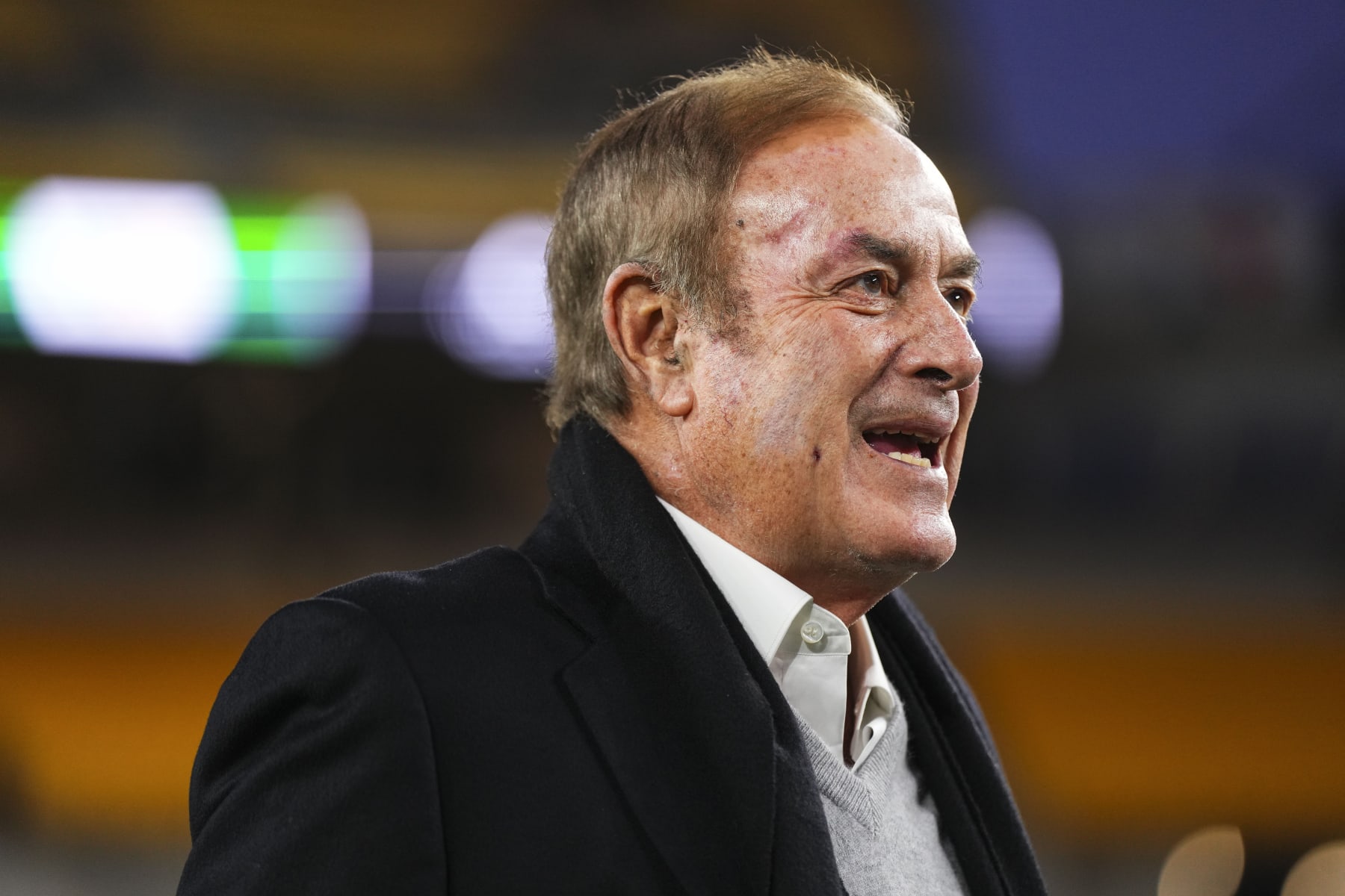PITTSBURGH, PA - NOVEMBER 02: Al Michaels looks on from the sideline prior to an NFL football game between the Tennessee Titans and the Pittsburgh Steelers at Acrisure Stadium on November 2, 2023 in Pittsburgh, Pennsylvania. (Photo by Cooper Neill/Getty Images)