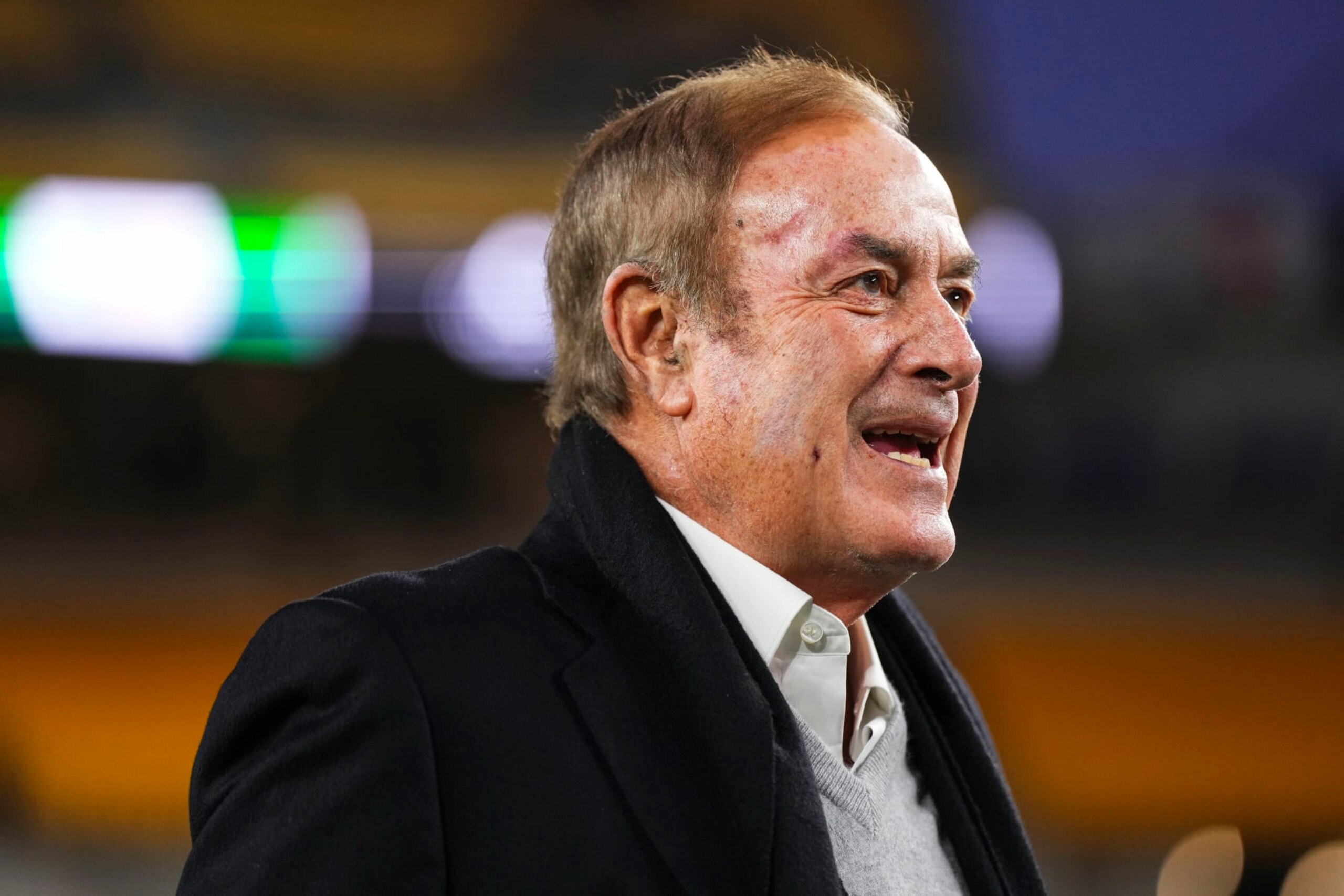 PITTSBURGH, PA - NOVEMBER 02: Al Michaels looks on from the sideline prior to an NFL football game between the Tennessee Titans and the Pittsburgh Steelers at Acrisure Stadium on November 2, 2023 in Pittsburgh, Pennsylvania. (Photo by Cooper Neill/Getty Images)