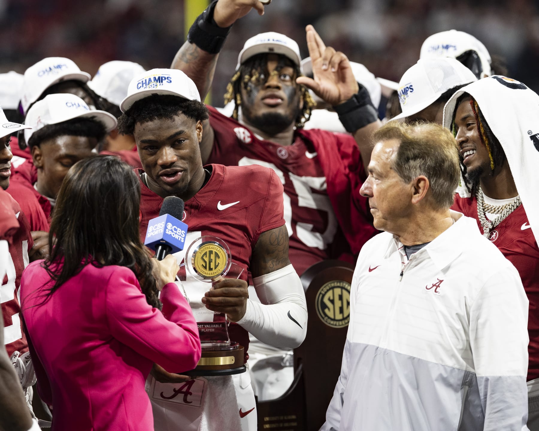 ATLANTA, GEORGIA - DECEMBER 2: Jalen Milroe #4 of the Alabama Crimson Tide wins the most valuable player award during a game between University of Georgia and University of Alabama at Mercedes-Benz Stadium on December 2, 2023 in Atlanta, Georgia. (Photo by Steve Limentani/ISI Photos/Getty Images)