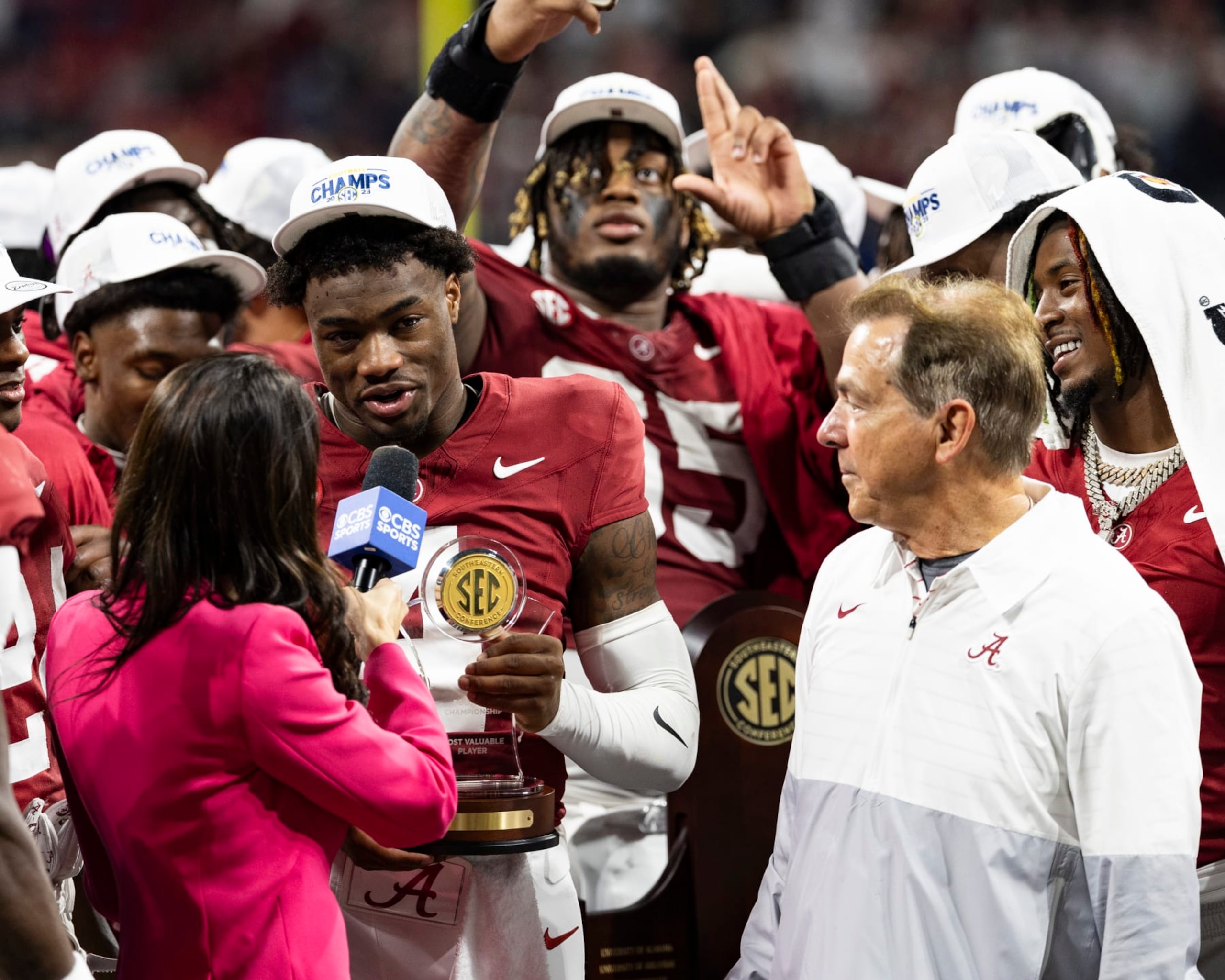 ATLANTA, GEORGIA - DECEMBER 2: Jalen Milroe #4 of the Alabama Crimson Tide wins the most valuable player award during a game between University of Georgia and University of Alabama at Mercedes-Benz Stadium on December 2, 2023 in Atlanta, Georgia. (Photo by Steve Limentani/ISI Photos/Getty Images)