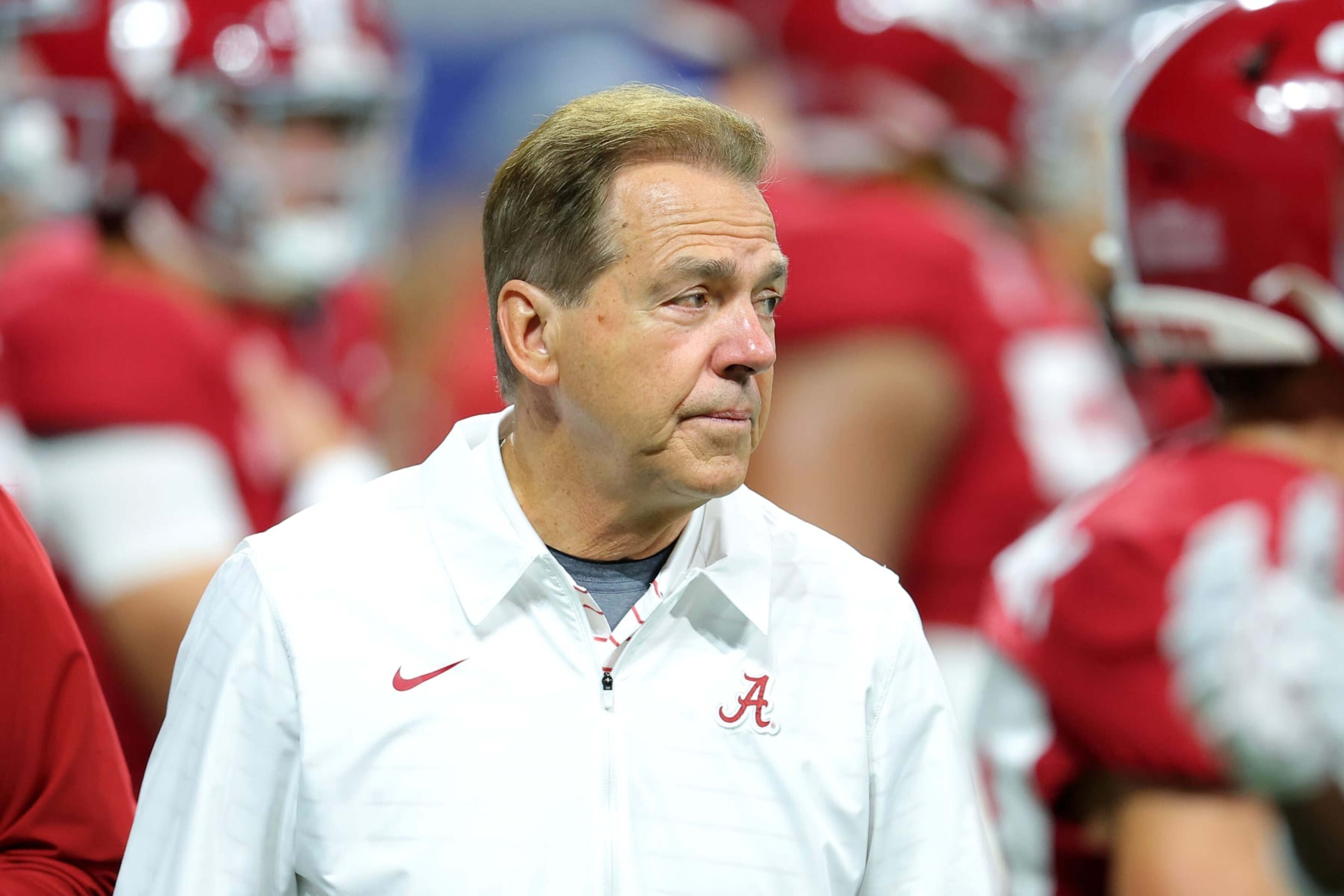 ATLANTA, GEORGIA - DECEMBER 02: Head coach Nick Saban of the Alabama Crimson Tide looks on prior to the SEC Championship game against the Georgia Bulldogs at Mercedes-Benz Stadium on December 02, 2023 in Atlanta, Georgia. (Photo by Kevin C. Cox/Getty Images) ATLANTA, GEORGIA - DECEMBER 02: Head coach Nick Saban of the Alabama Crimson Tide looks on prior to the SEC Championship game against the Georgia Bulldogs at Mercedes-Benz Stadium on December 02, 2023 in Atlanta, Georgia. (Photo by Kevin C. Cox/Getty Images)