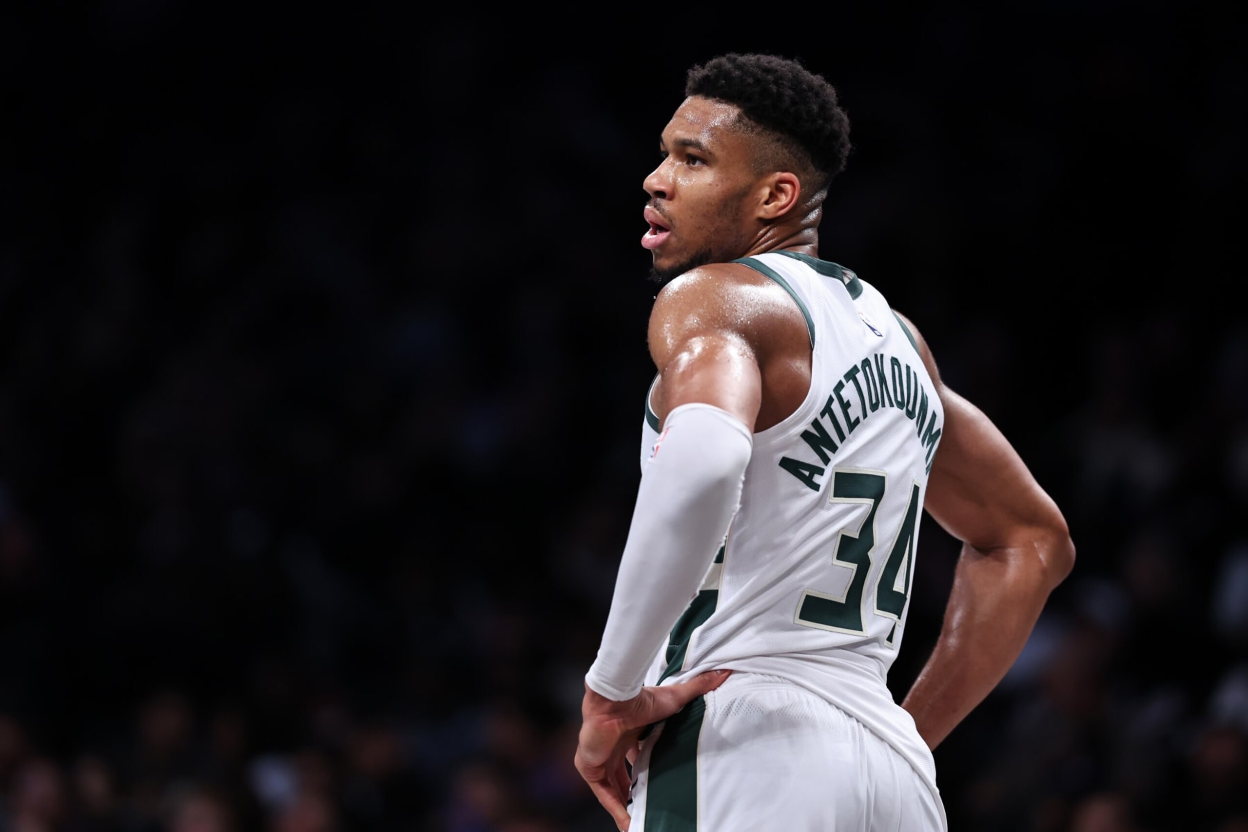 NEW YORK, NEW YORK - DECEMBER 27: Giannis Antetokounmpo #34 of the Milwaukee Bucks looks on during the third quarter of the game against the Brooklyn Nets at Barclays Center on December 27, 2023 in New York City. NOTE TO USER: User expressly acknowledges and agrees that, by downloading and or using this photograph, User is consenting to the terms and conditions of the Getty Images License Agreement. (Photo by Dustin Satloff/Getty Images) NEW YORK, NEW YORK - DECEMBER 27: Giannis Antetokounmpo #34 of the Milwaukee Bucks looks on during the third quarter of the game against the Brooklyn Nets at Barclays Center on December 27, 2023 in New York City. NOTE TO USER: User expressly acknowledges and agrees that, by downloading and or using this photograph, User is consenting to the terms and conditions of the Getty Images License Agreement. (Photo by Dustin Satloff/Getty Images)