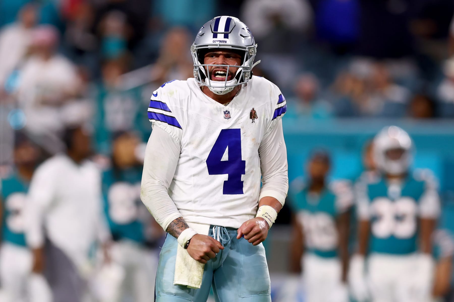 MIAMI GARDENS, FLORIDA - DECEMBER 24: Dak Prescott #4 of the Dallas Cowboys reacts during the fourth quarter in the game against the Miami Dolphins at Hard Rock Stadium on December 24, 2023 in Miami Gardens, Florida. (Photo by Megan Briggs/Getty Images)