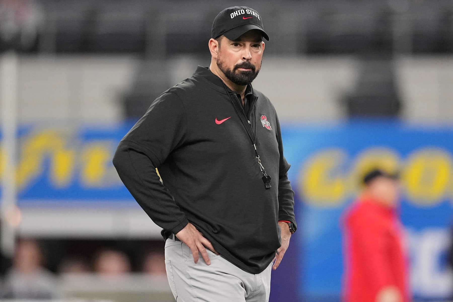 ARLINGTON, TEXAS - DECEMBER 29: Head coach Ryan Day of the Ohio State Buckeyes looks on prior to a game against the Missouri Tigers during the Goodyear Cotton Bowl at AT&T Stadium on December 29, 2023 in Arlington, Texas. (Photo by Sam Hodde/Getty Images)