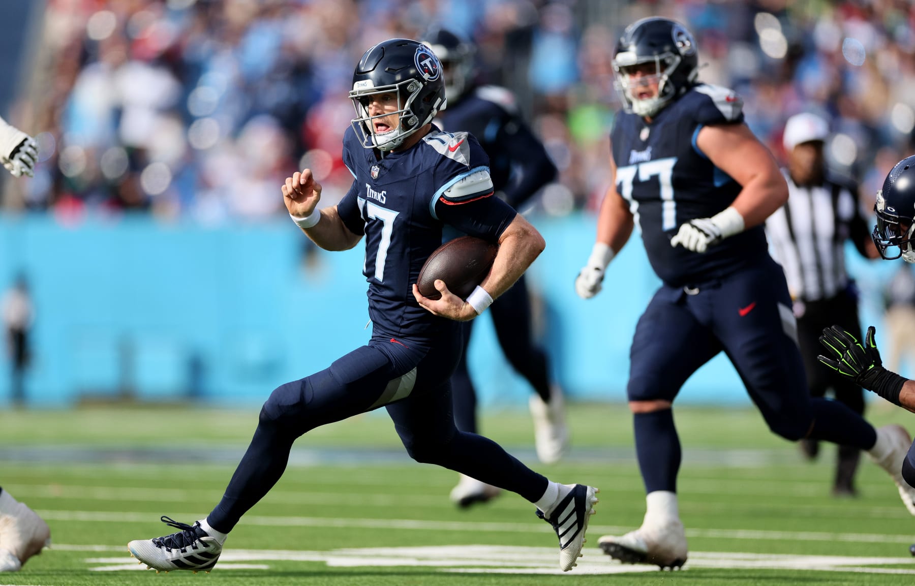 NASHVILLE, TENNESSEE - DECEMBER 24: Ryan Tannehill #17 of the Tennessee Titans against the Seattle Seahawks at Nissan Stadium on December 24, 2023 in Nashville, Tennessee. (Photo by Andy Lyons/Getty Images)