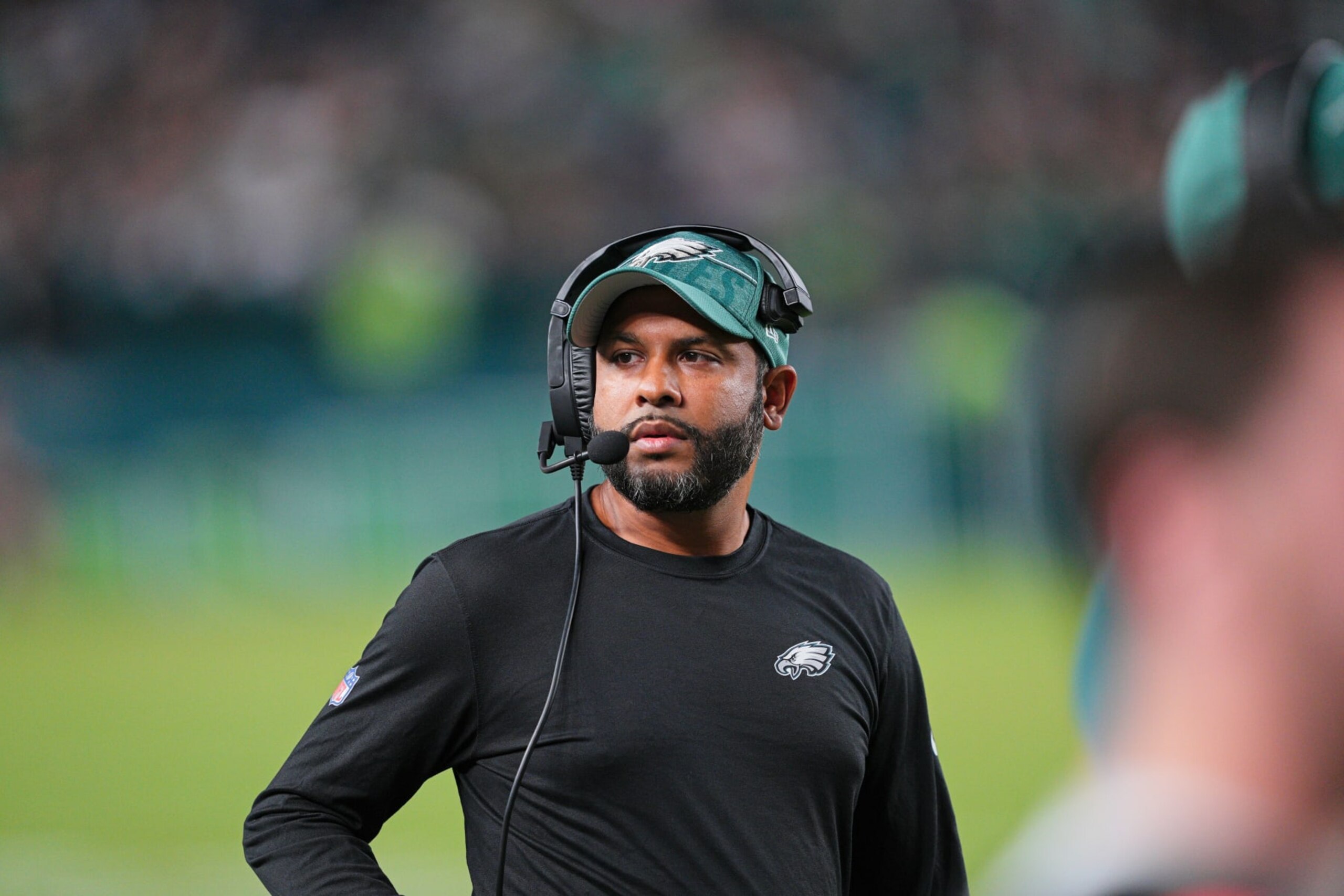 PHILADELPHIA, PA - AUGUST 24: Philadelphia Eagles defensive coordinator Sean Desai looks on during the Preseason game between the Indianapolis Colts and the Philadelphia Eagles on August 24, 2023, at Lincoln Financial Field, in Philadelphia, PA. (Photo by Andy Lewis/Icon Sportswire via Getty Images)