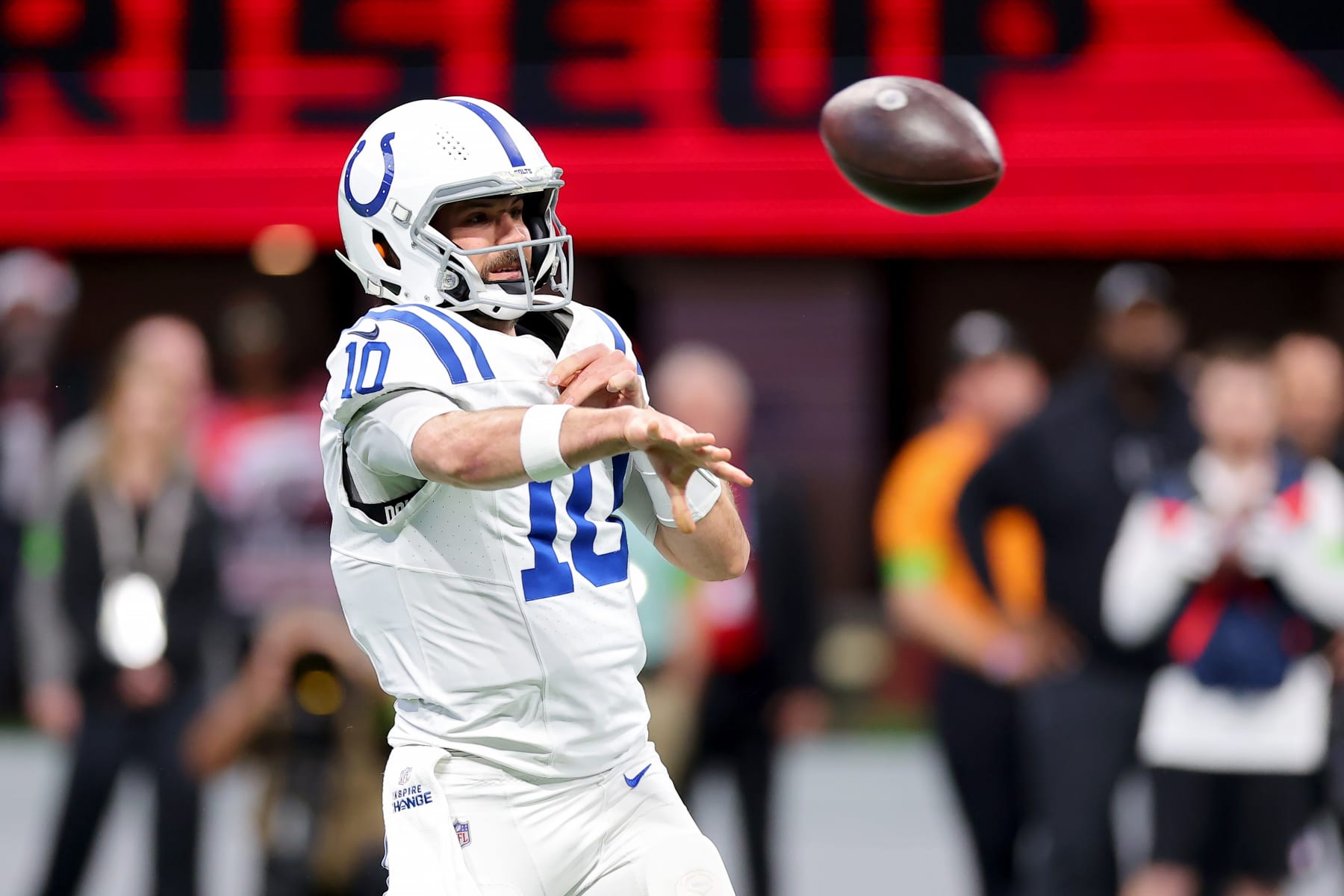 ATLANTA, GEORGIA - DECEMBER 24: Gardner Minshew #10 of the Indianapolis Colts throws a pass during the first quarter In the game against the Atlanta Falcons at Mercedes-Benz Stadium on December 24, 2023 in Atlanta, Georgia. (Photo by Kevin C. Cox/Getty Images)