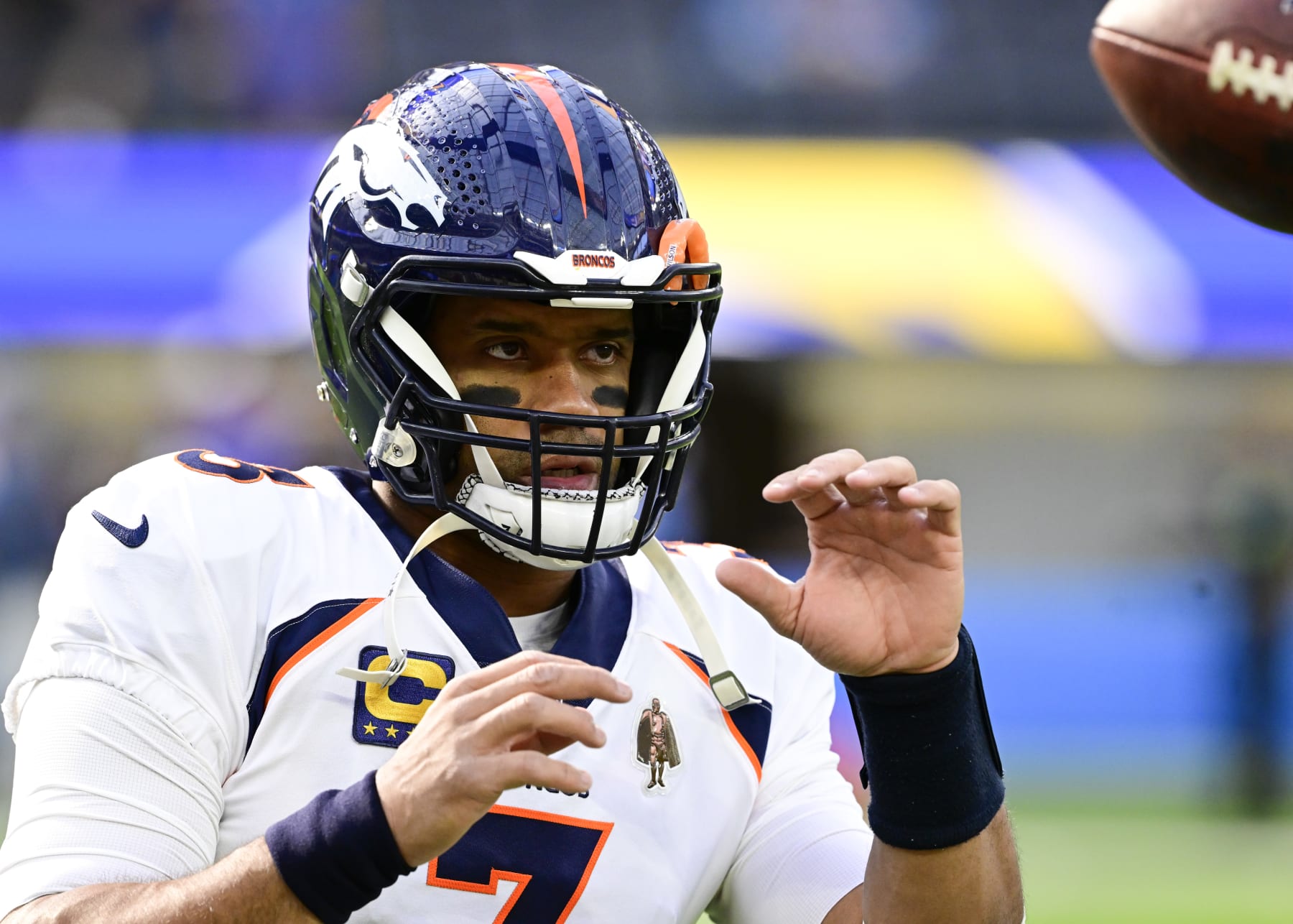 INGLEWOOD, CA - DECEMBER 10: Denver Broncos quarterback Russell Wilson (3) before the game against the Los Angeles Chargers at SoFi Stadium in Inglewood, California Sunday December 10, 2023. (Photo by Andy Cross/MediaNews Group/The Denver Post via Getty Images)