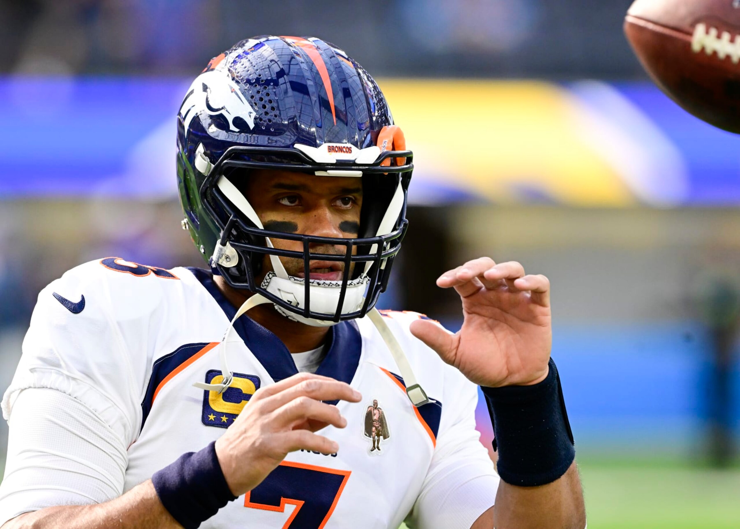INGLEWOOD, CA - DECEMBER 10: Denver Broncos quarterback Russell Wilson (3) before the game against the Los Angeles Chargers at SoFi Stadium in Inglewood, California Sunday December 10, 2023. (Photo by Andy Cross/MediaNews Group/The Denver Post via Getty Images)