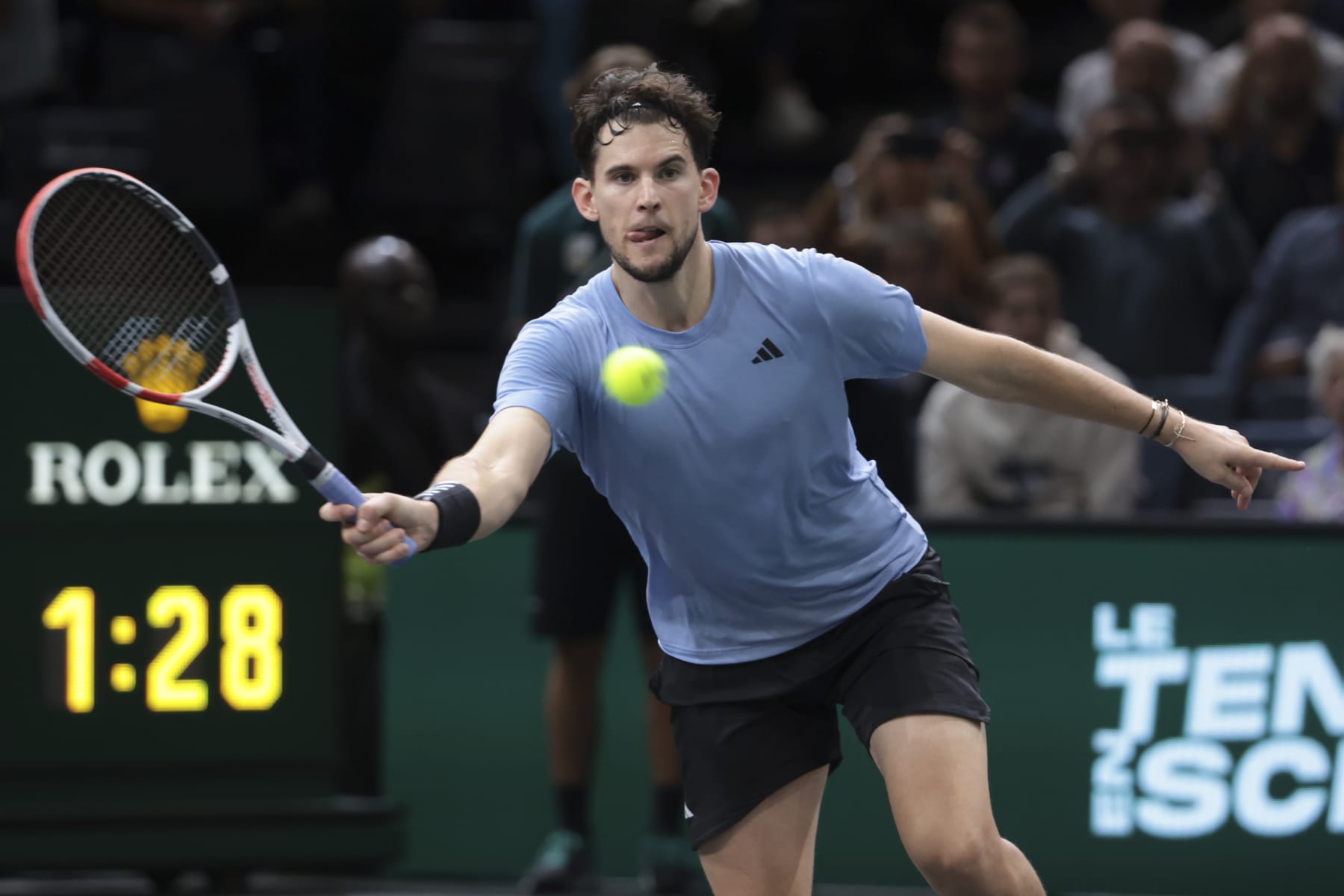 PARIS, FRANCE - NOVEMBER 1: Dominic Thiem of Austria during his second round match against Holger Rune of Denmark on day 3 of the Rolex Paris Masters 2023, ATP Masters 1000, at Accor Arena, POPB Bercy on November 1, 2023 in Paris, France. (Photo by Jean Catuffe/Getty Images)