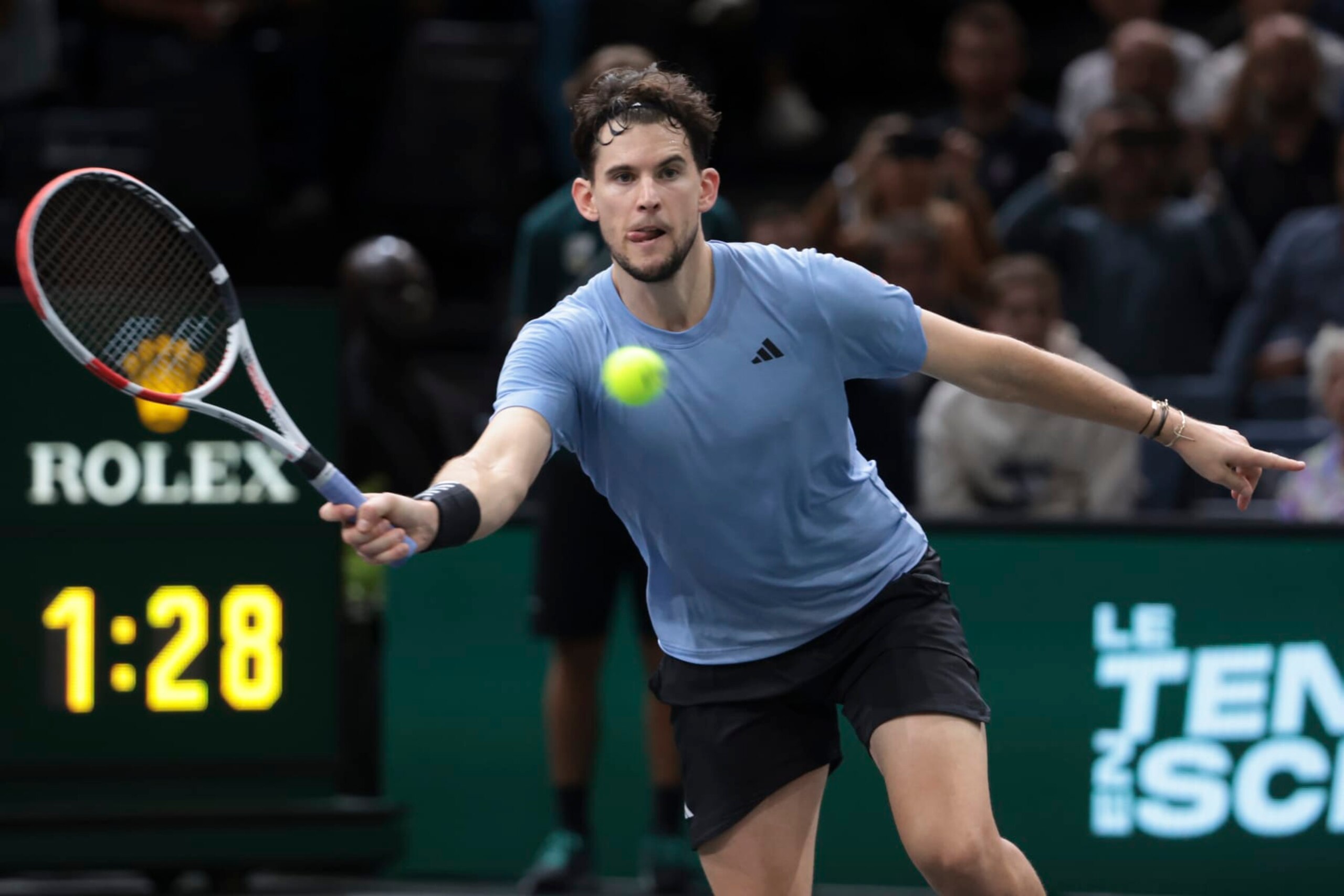 PARIS, FRANCE - NOVEMBER 1: Dominic Thiem of Austria during his second round match against Holger Rune of Denmark on day 3 of the Rolex Paris Masters 2023, ATP Masters 1000, at Accor Arena, POPB Bercy on November 1, 2023 in Paris, France. (Photo by Jean Catuffe/Getty Images)