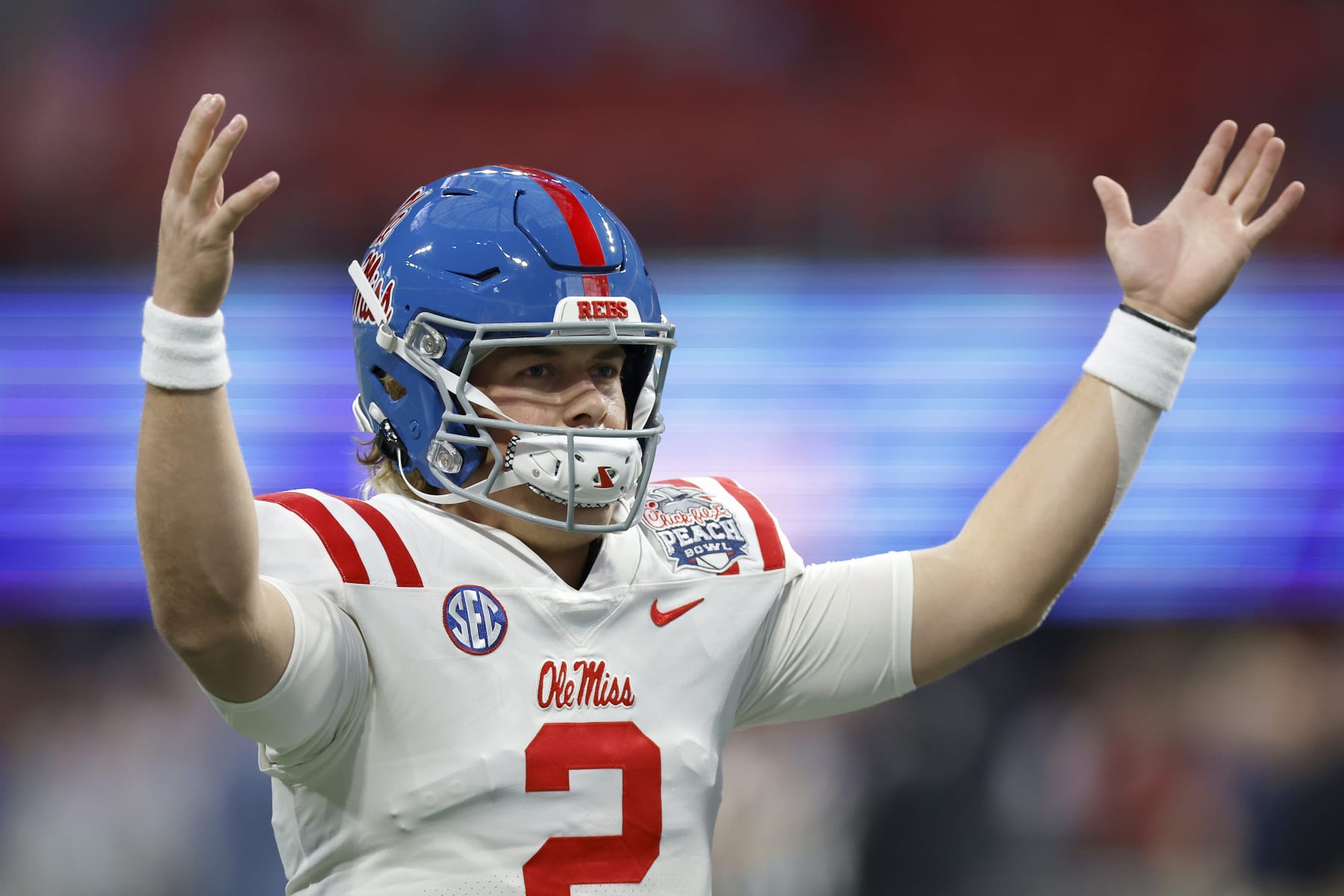 ATLANTA, GEORGIA - DECEMBER 30: Jaxson Dart #2 of the Mississippi Rebels reacts before the Chick-fil-A Peach Bowl against the Penn State Nittany Lions at Mercedes-Benz Stadium on December 30, 2023 in Atlanta, Georgia. (Photo by Alex Slitz/Getty Images)