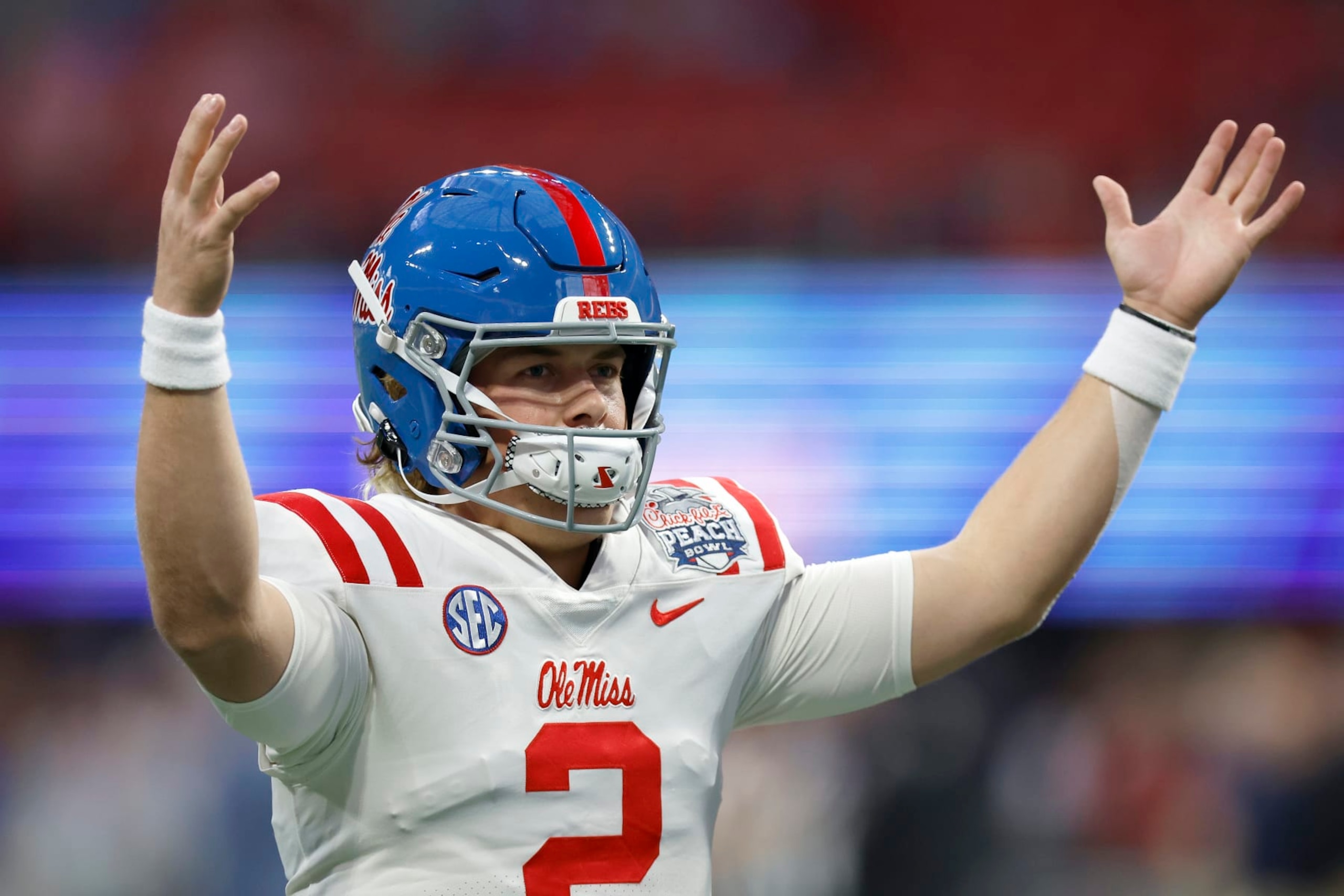 ATLANTA, GEORGIA - DECEMBER 30: Jaxson Dart #2 of the Mississippi Rebels reacts before the Chick-fil-A Peach Bowl against the Penn State Nittany Lions at Mercedes-Benz Stadium on December 30, 2023 in Atlanta, Georgia. (Photo by Alex Slitz/Getty Images)