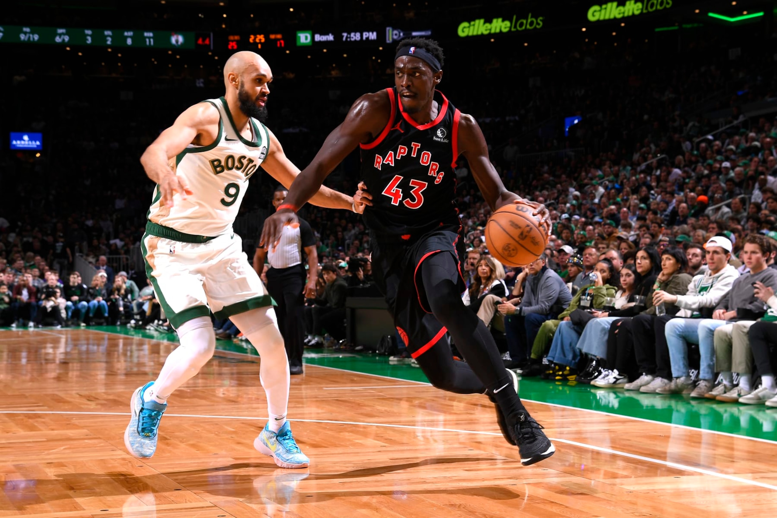 BOSTON, MA - DECEMBER 29: Pascal Siakam #43 of the Toronto Raptors drives to the basket during the game against the Boston Celtics on December 29, 2023 at the TD Garden in Boston, Massachusetts. NOTE TO USER: User expressly acknowledges and agrees that, by downloading and or using this photograph, User is consenting to the terms and conditions of the Getty Images License Agreement. Mandatory Copyright Notice: Copyright 2023 NBAE (Photo by Brian Babineau/NBAE via Getty Images) BOSTON, MA - DECEMBER 29: Pascal Siakam #43 of the Toronto Raptors drives to the basket during the game against the Boston Celtics on December 29, 2023 at the TD Garden in Boston, Massachusetts. NOTE TO USER: User expressly acknowledges and agrees that, by downloading and or using this photograph, User is consenting to the terms and conditions of the Getty Images License Agreement. Mandatory Copyright Notice: Copyright 2023 NBAE (Photo by Brian Babineau/NBAE via Getty Images)