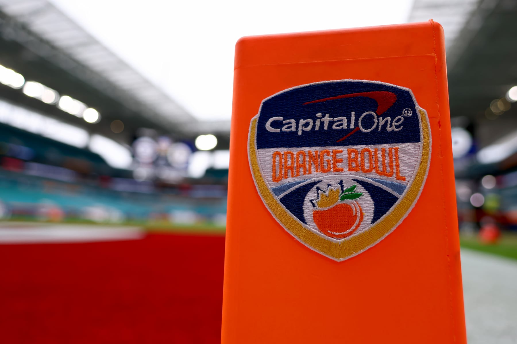 MIAMI GARDENS, FLORIDA - DECEMBER 30: A detail view of signage before the Capital One Orange Bowl between the Georgia Bulldogs and the Florida State Seminoles at Hard Rock Stadium on December 30, 2023 in Miami Gardens, Florida. (Photo by Megan Briggs/Getty Images)