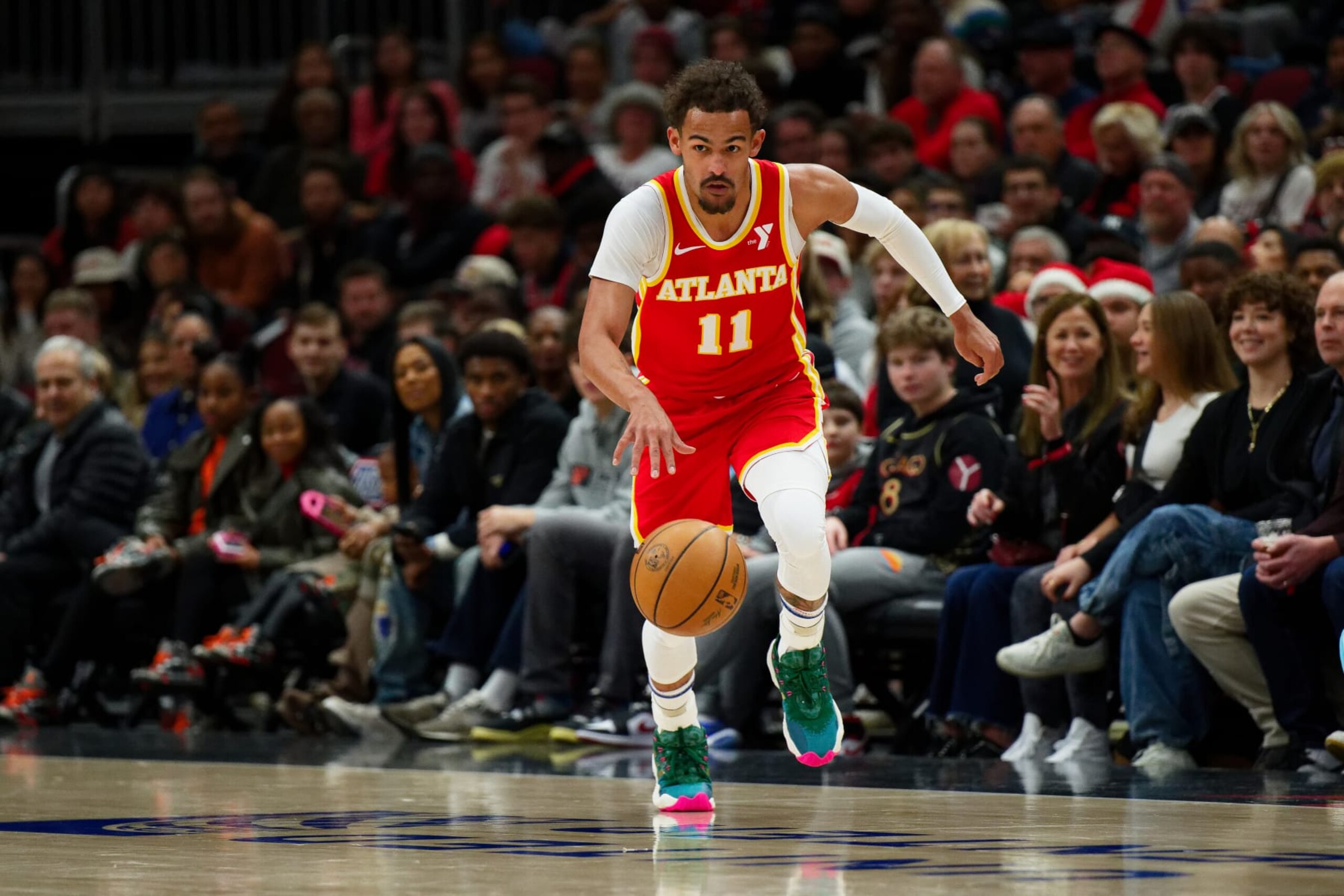 CHICAGO, ILLINOIS - DECEMBER 26: Trae Young #11 of the Atlanta Hawks controls the ball against the Chicago Bulls on December 26, 2023 at United Center in Chicago, Illinois. NOTE TO USER: User expressly acknowledges and agrees that, by downloading and or using this photograph, User is consenting to the terms and conditions of the Getty Images License Agreement. (Photo by Jamie Sabau/Getty Images) CHICAGO, ILLINOIS - DECEMBER 26: Trae Young #11 of the Atlanta Hawks controls the ball against the Chicago Bulls on December 26, 2023 at United Center in Chicago, Illinois. NOTE TO USER: User expressly acknowledges and agrees that, by downloading and or using this photograph, User is consenting to the terms and conditions of the Getty Images License Agreement. (Photo by Jamie Sabau/Getty Images)
