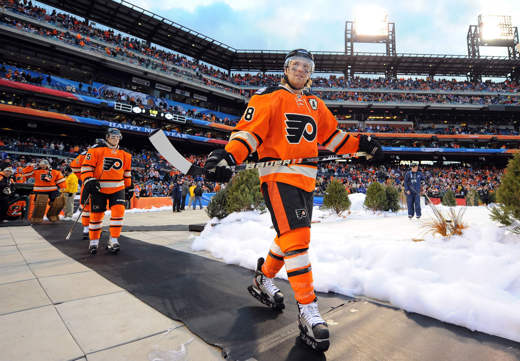 PHILADELPHIA, PA - JANUARY 02:  Claude Giroux #28 of the Philadelphia Flyers walks to the ice prior to the 2012 Bridgestone NHL Winter Classic at Citizens Bank Park on January 2, 2012 in Philadelphia, Pennsylvania.  (Photo by Brian Babineau/NHLI via Getty Images) 