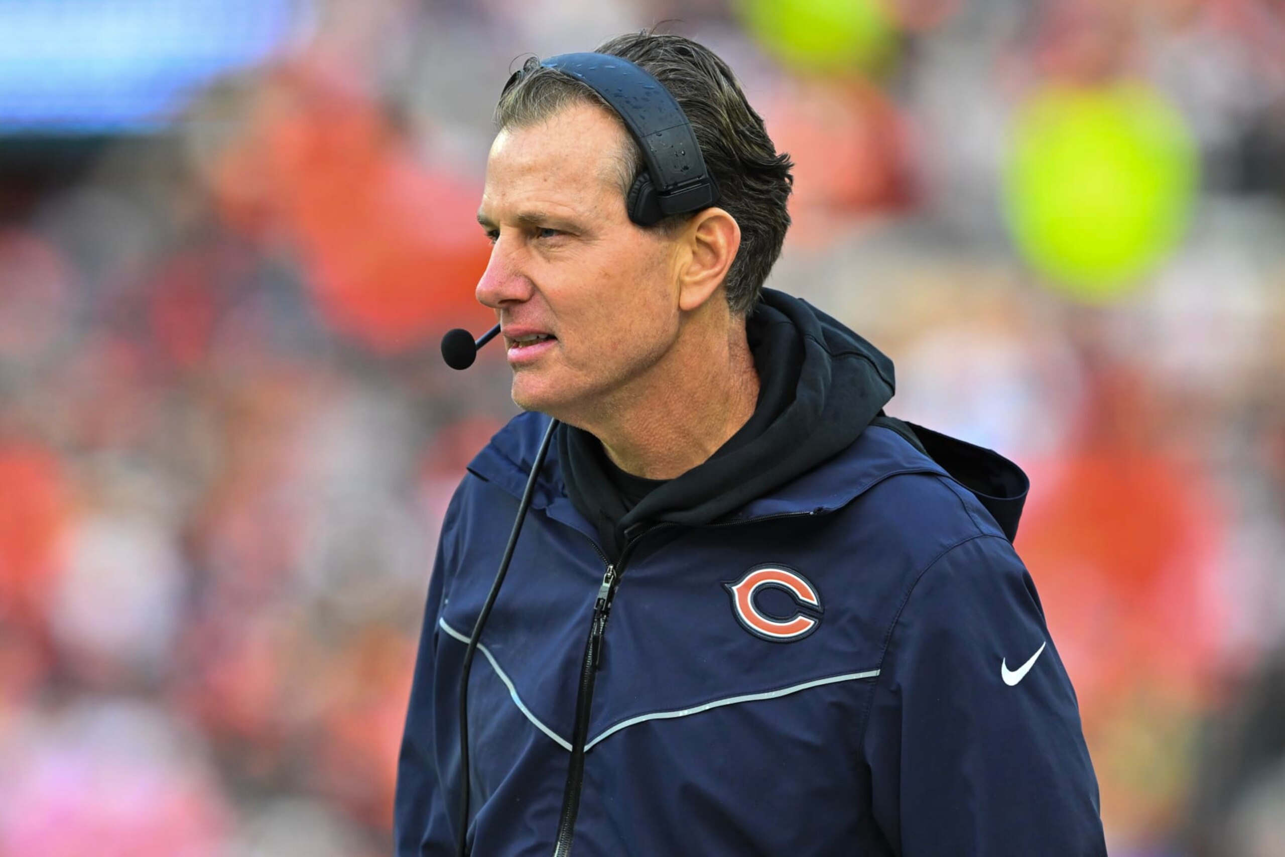 CLEVELAND, OHIO - DECEMBER 17: Head coach Matt Eberflus of the Chicago Bears looks on during the fourth quarter of a game against the Cleveland Browns at Cleveland Browns Stadium on December 17, 2023 in Cleveland, Ohio. (Photo by Jason Miller/Getty Images)