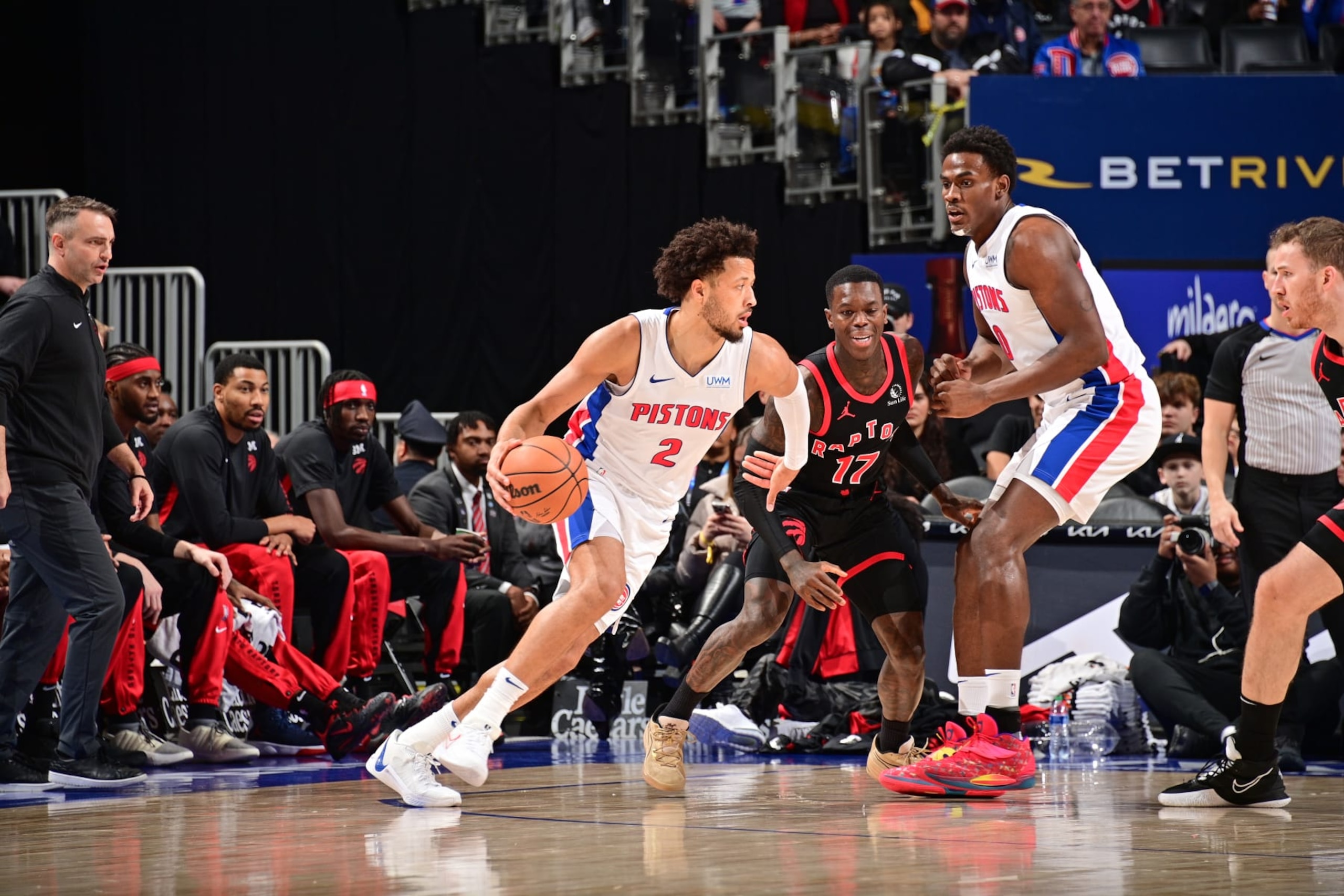 DETROIT, MI - DECEMBER 30: Cade Cunningham #2 of the Detroit Pistons dribbles the ball during the game against the Toronto Raptors on December 30, 2023 at Little Caesars Arena in Detroit, Michigan. NOTE TO USER: User expressly acknowledges and agrees that, by downloading and/or using this photograph, User is consenting to the terms and conditions of the Getty Images License Agreement. Mandatory Copyright Notice: Copyright 2023 NBAE (Photo by Chris Schwegler/NBAE via Getty Images)