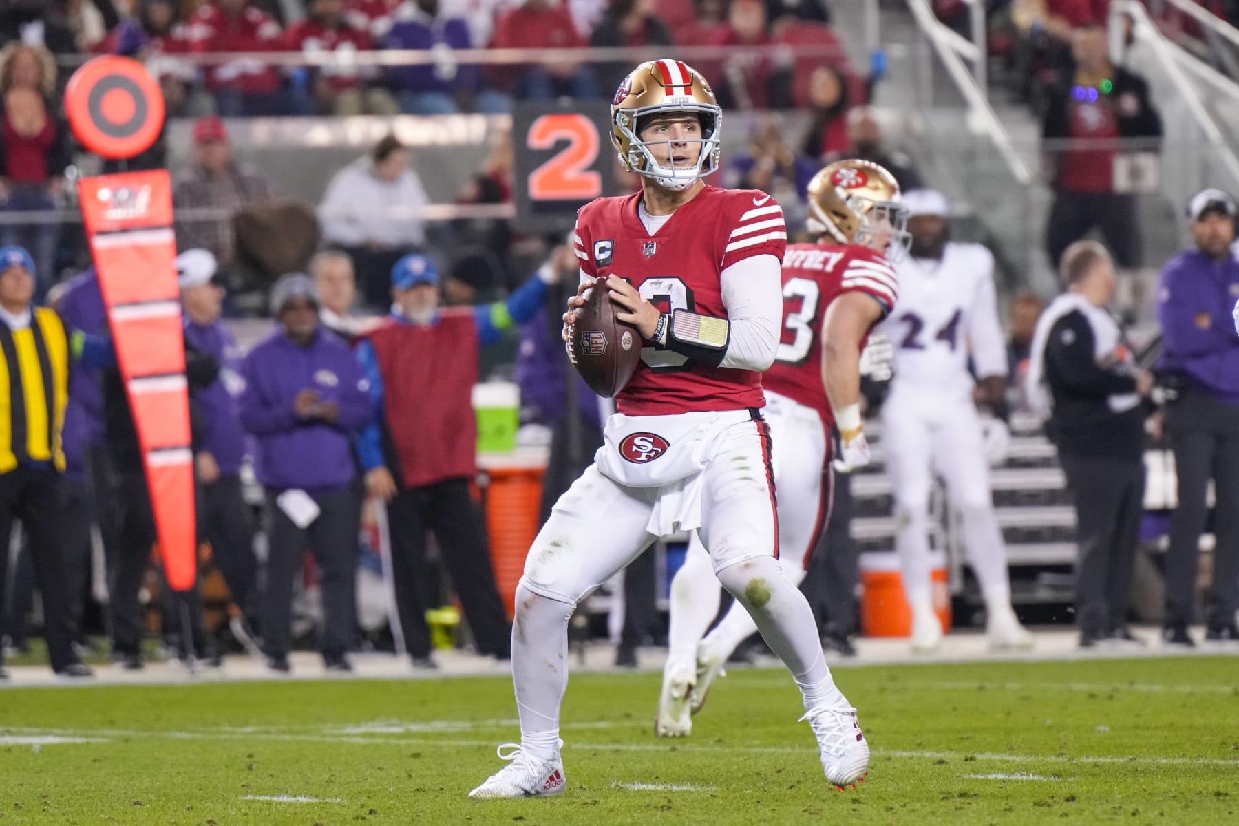 SANTA CLARA, CALIFORNIA - DECEMBER 25: Brock Purdy #13 of the San Francisco 49ers looks to pass during the first half against the Baltimore Ravens at Levi's Stadium on December 25, 2023 in Santa Clara, California. (Photo by Loren Elliott/Getty Images)