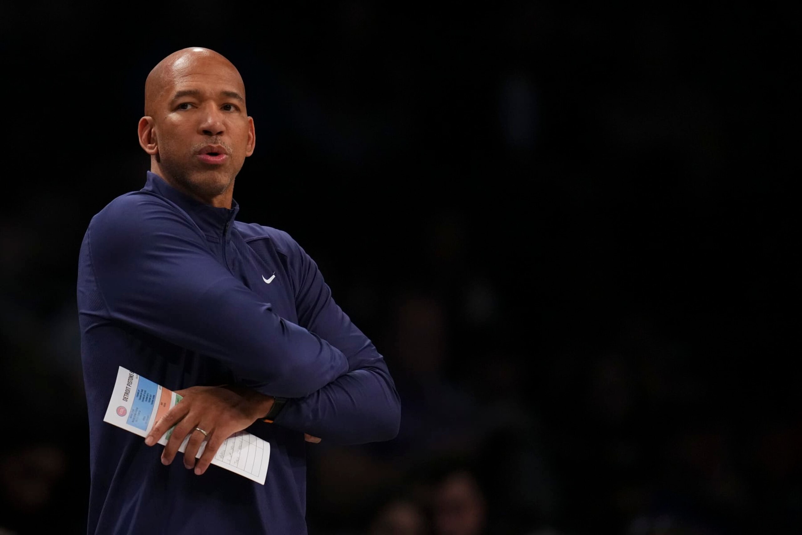 NEW YORK, NEW YORK - DECEMBER 23: Head coach Monty Williams of the Detroit Pistons looks on against the Brooklyn Nets in the first half at Barclays Center on December 23, 2023 in the Brooklyn borough of New York City. The Nets defeated the Pistons 126-115. NOTE TO USER: User expressly acknowledges and agrees that, by downloading and or using this photograph, User is consenting to the terms and conditions of the Getty Images License Agreement. (Photo by Mitchell Leff/Getty Images)