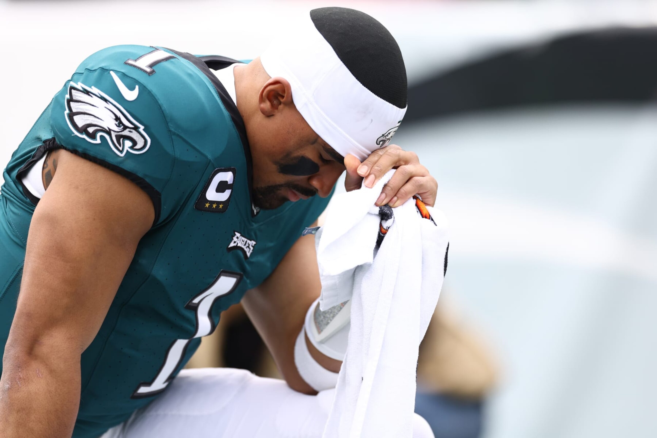 PHILADELPHIA, PENNSYLVANIA - DECEMBER 31: Jalen Hurts #1 of the Philadelphia Eagles before the game against the Arizona Cardinals at Lincoln Financial Field on December 31, 2023 in Philadelphia, Pennsylvania. (Photo by Tim Nwachukwu/Getty Images)