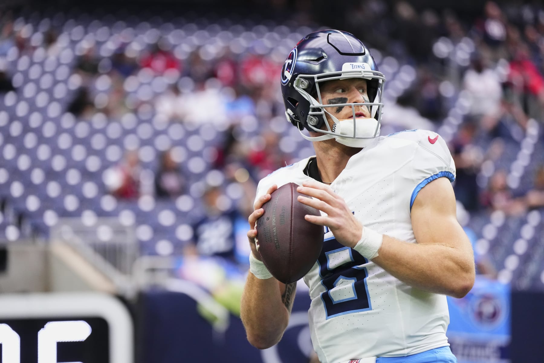 HOUSTON, TX - DECEMBER 31: Will Levis #8 of the Tennessee Titans warms up before kickoff against the Houston Texans at NRG Stadium on December 31, 2023 in Houston, Texas. (Photo by Cooper Neill/Getty Images)