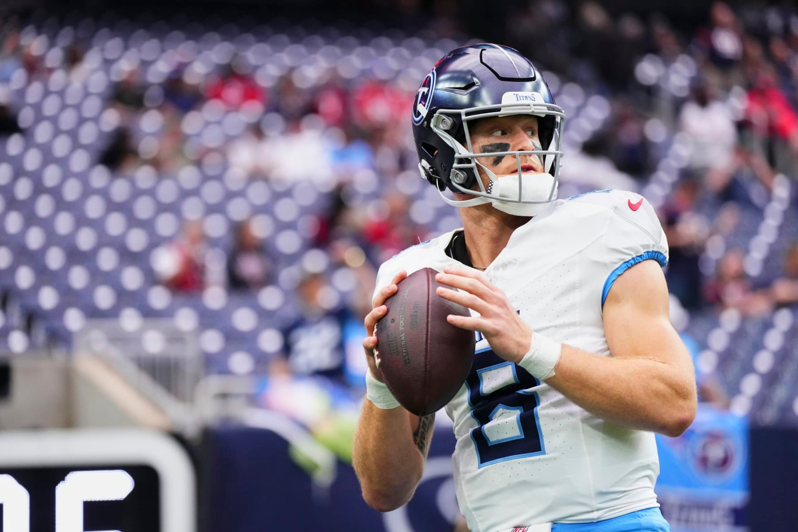 HOUSTON, TX - DECEMBER 31: Will Levis #8 of the Tennessee Titans warms up before kickoff against the Houston Texans at NRG Stadium on December 31, 2023 in Houston, Texas. (Photo by Cooper Neill/Getty Images)