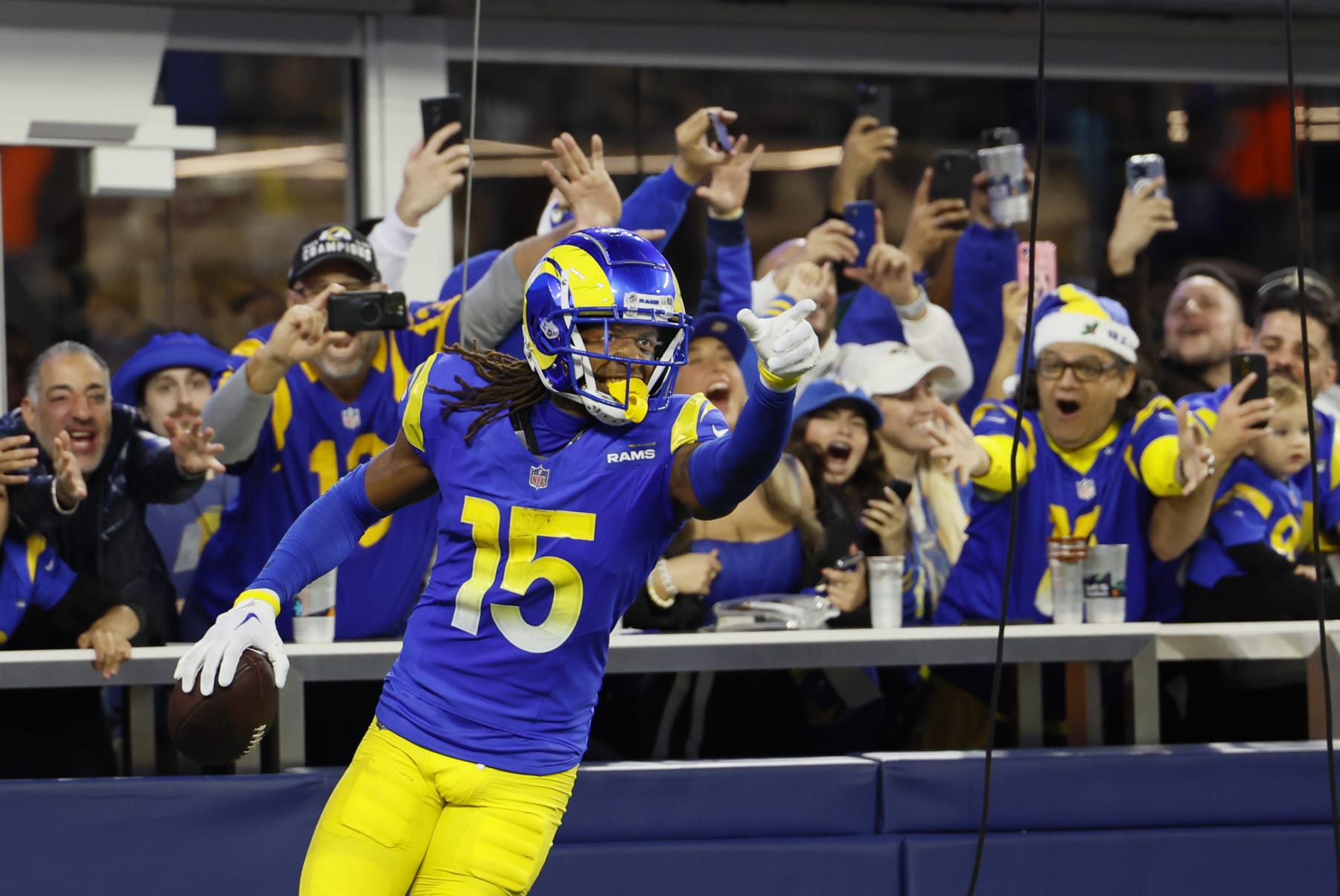 Inglewood, CA - December 21: Fans rally as Rams wide receiver Demarcus Robinson, #15, celebrates his second quarter touchdown catch over the New Orleans Saints at SoFi Stadium in Inglewood Thursday, Dec. 21, 2023. (Allen J. Schaben / Los Angeles Times via Getty Images)