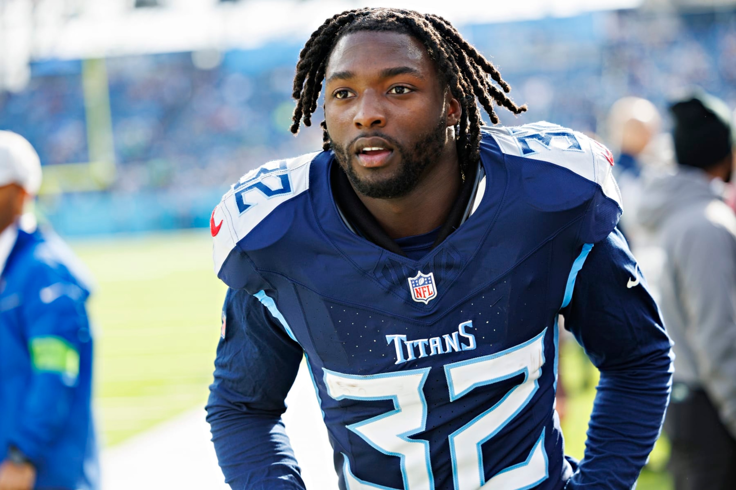 NASHVILLE, TENNESSEE - DECEMBER 24: Tyjae Spears #32 of the Tennessee Titans heads to the locker room before the game against the Seattle Seahawks at Nissan Stadium on December 24, 2023 in Nashville, Tennessee. The Seahawks defeated the Titans 20-17.  (Photo by Wesley Hitt/Getty Images)