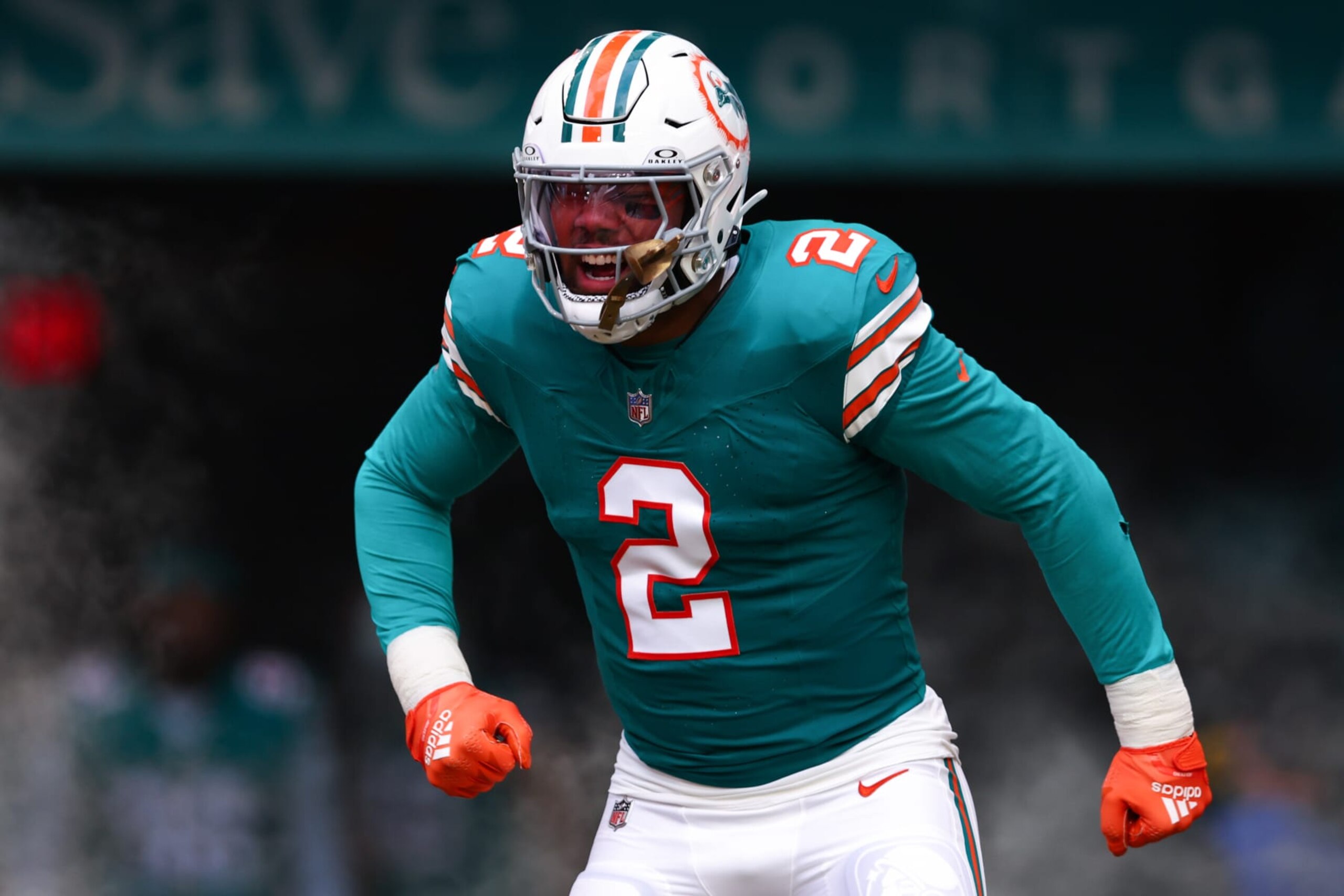 MIAMI GARDENS, FLORIDA - DECEMBER 24: Bradley Chubb #2 of the Miami Dolphins takes the field prior to a game against the Dallas Cowboys at Hard Rock Stadium on December 24, 2023 in Miami Gardens, Florida. (Photo by Megan Briggs/Getty Images)