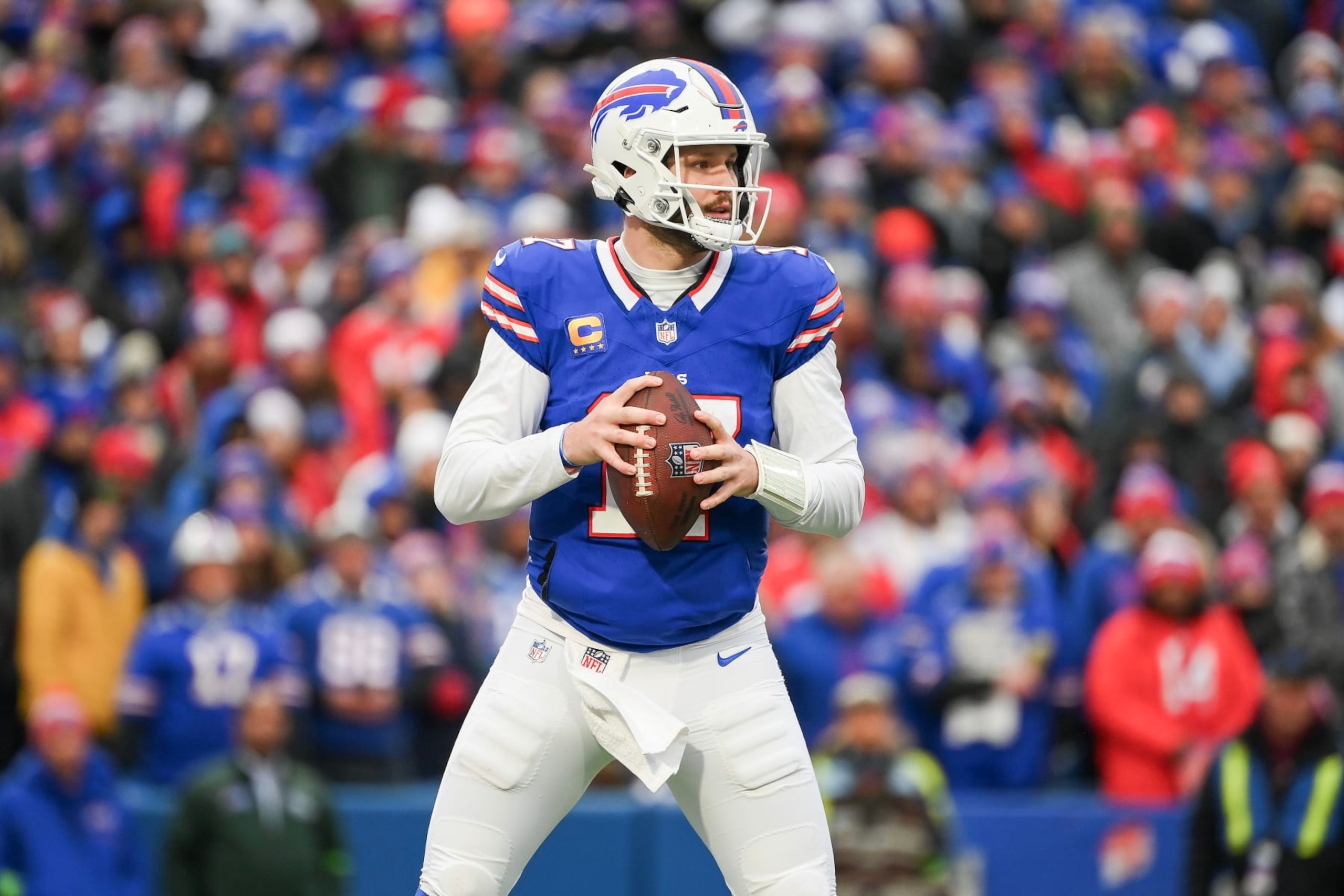 ORCHARD PARK, NEW YORK - DECEMBER 31: Josh Allen #17 of the Buffalo Bills looks to pass against the New England Patriots during the second half of the game at Highmark Stadium on December 31, 2023 in Orchard Park, New York. (Photo by Rich Barnes/Getty Images) ORCHARD PARK, NEW YORK - DECEMBER 31: Josh Allen #17 of the Buffalo Bills looks to pass against the New England Patriots during the second half of the game at Highmark Stadium on December 31, 2023 in Orchard Park, New York. (Photo by Rich Barnes/Getty Images)